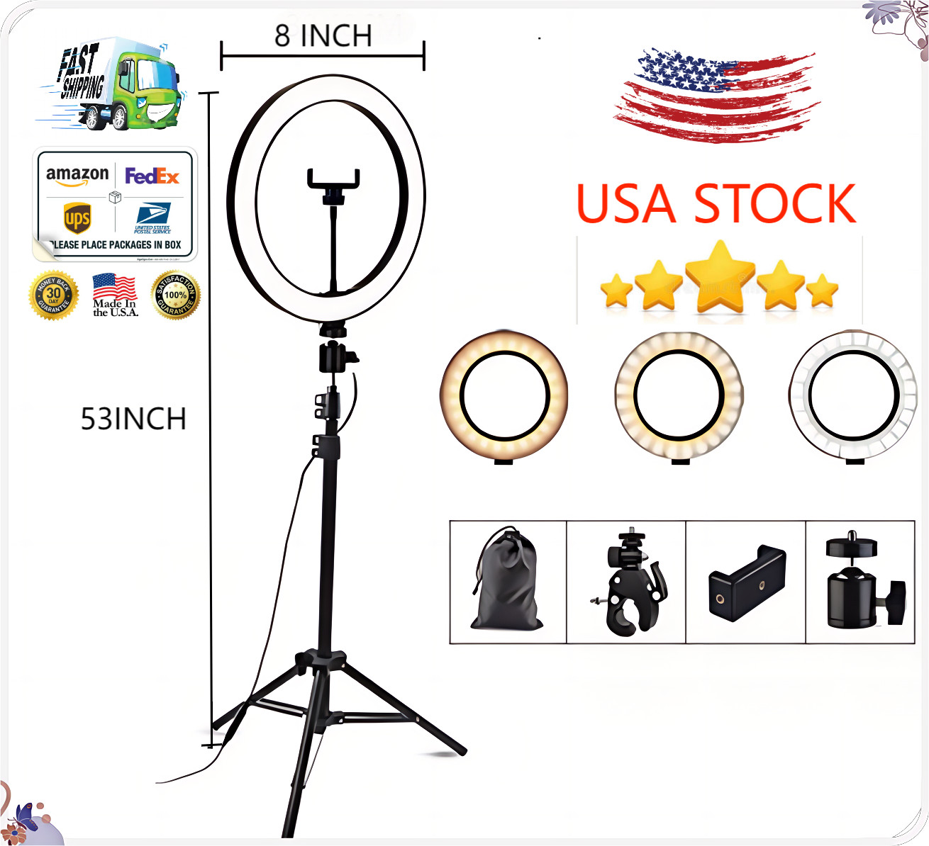 8" LED Ring Light w/ 53" Tripod & Phone Holder for Streaming Makeup Video USB
