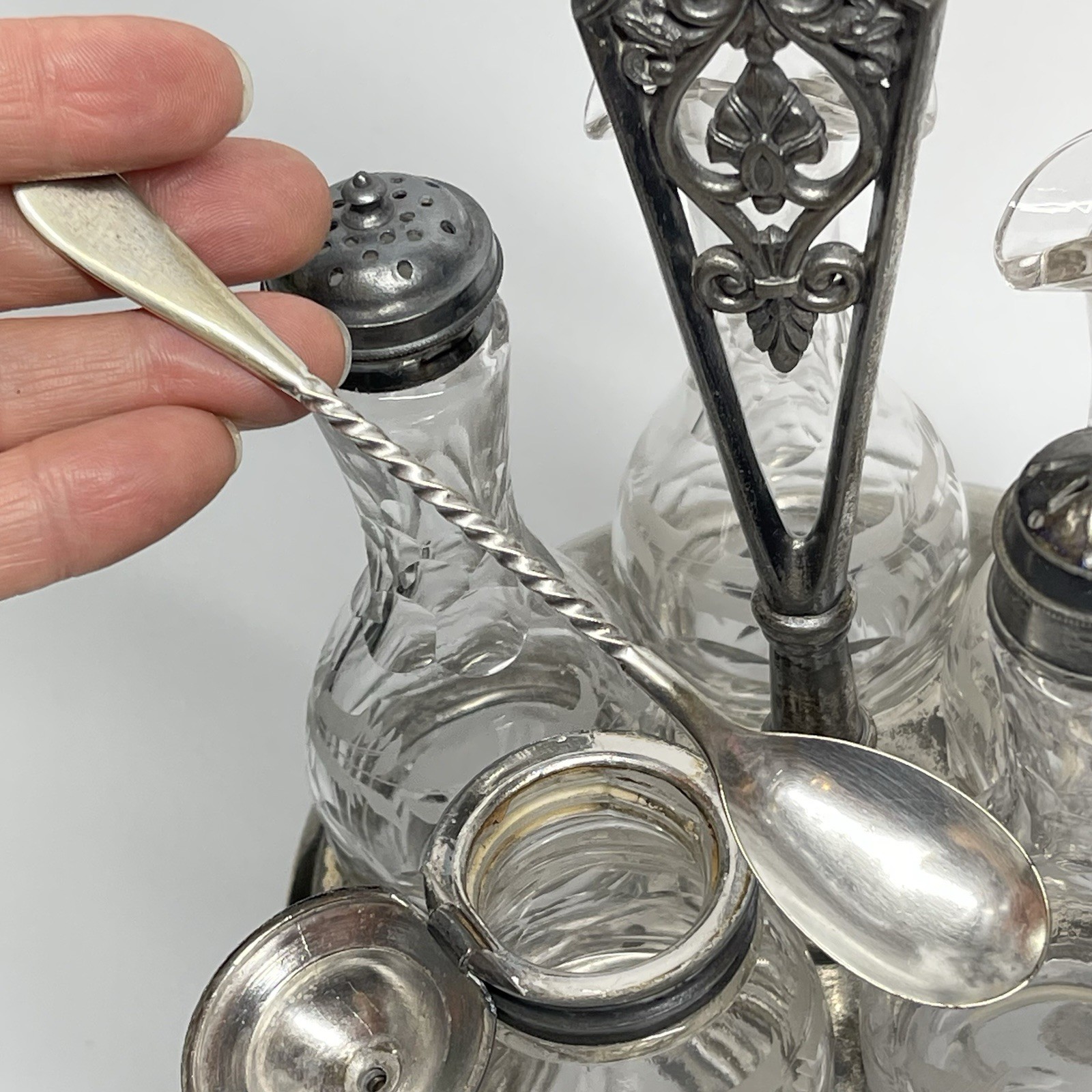 Antique 1800s Hall Elton Cruet Set Condiment Caddy Victorian Era Etched Glass