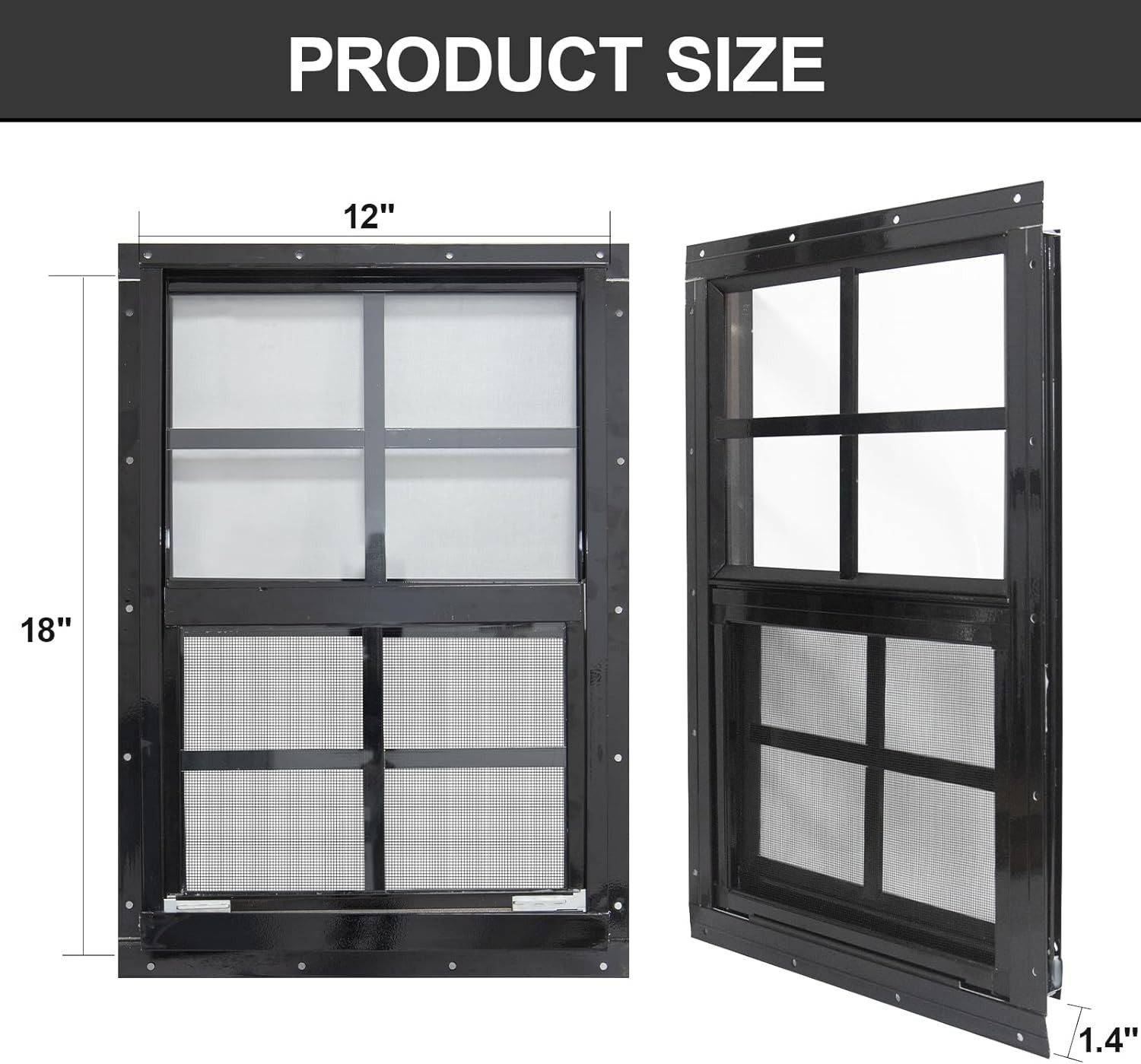 2 Pack 12x18 Shed Windows Aluminum Frame Tempered Glass Fiberglass Screen Black