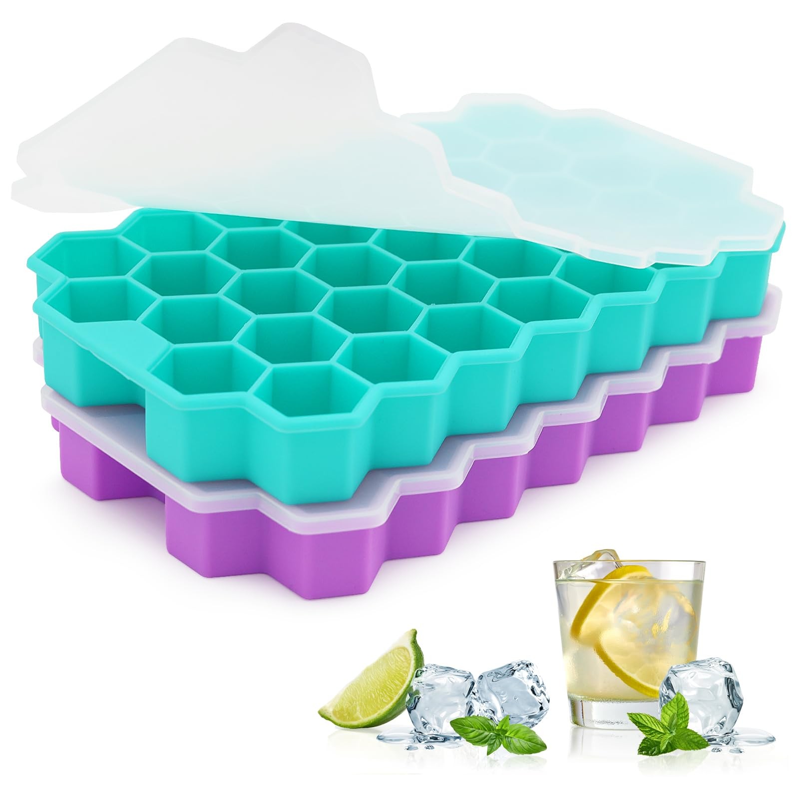 2 Pack Silicone Ice Cube Trays with Lid, 37 Grid Small Ice Cube Molds
