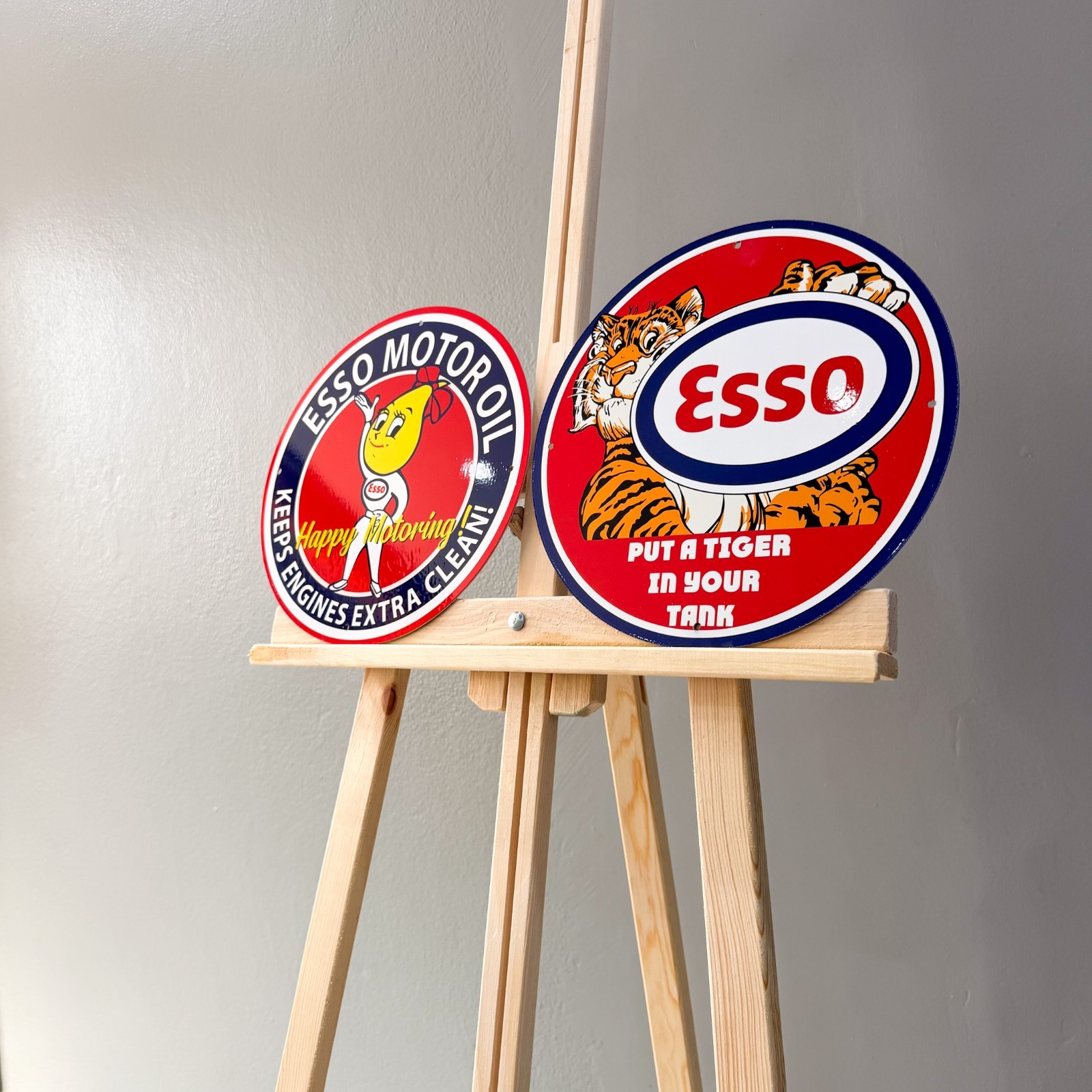 Esso Vintage Metal Sign Set of 2 Happy Motoring Female & Tiger – 30 cm / 11.8”
