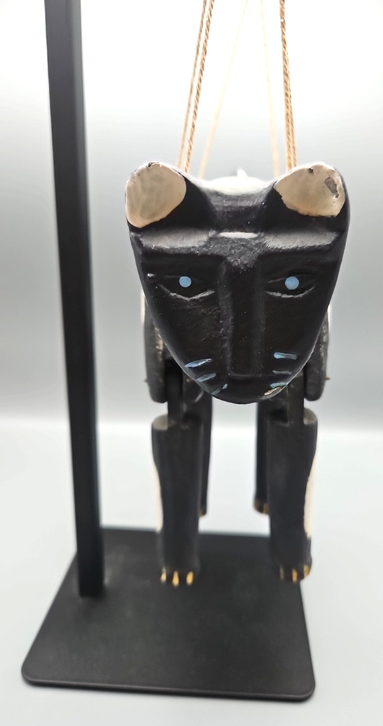 Vintage Black and White Folk Art Cat Marionette, 9" X 8.75", 15" W/Handle