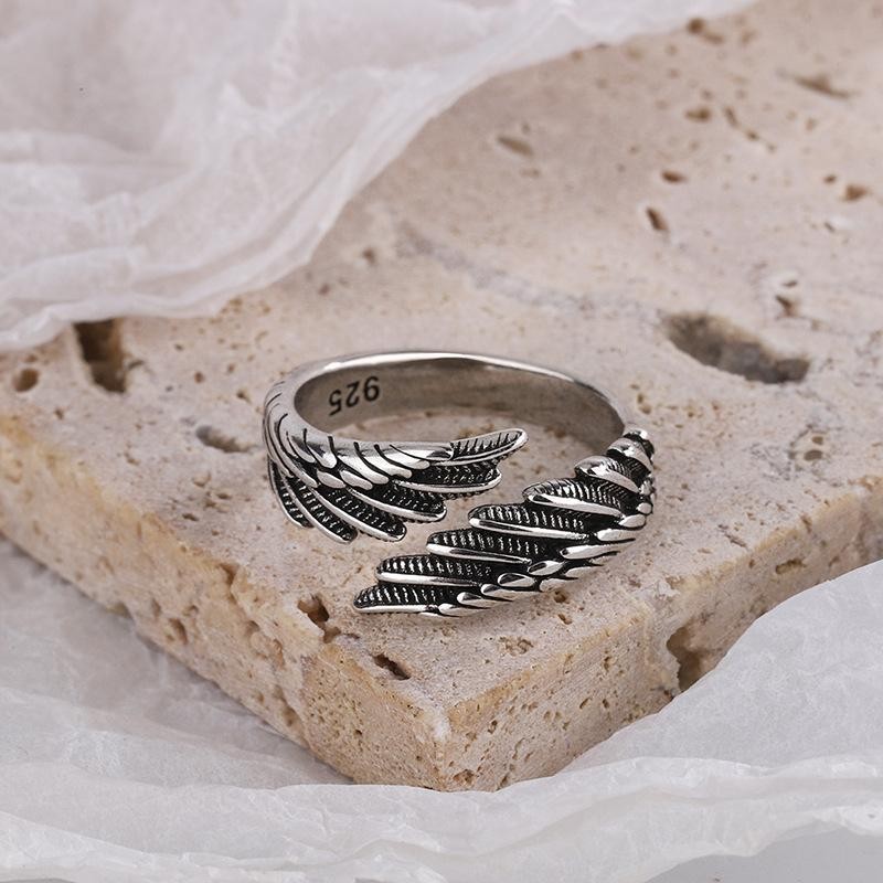 925 Sterling Silver Angel Wing Feather Adjustable Ring Luxury Wedding Jewelry