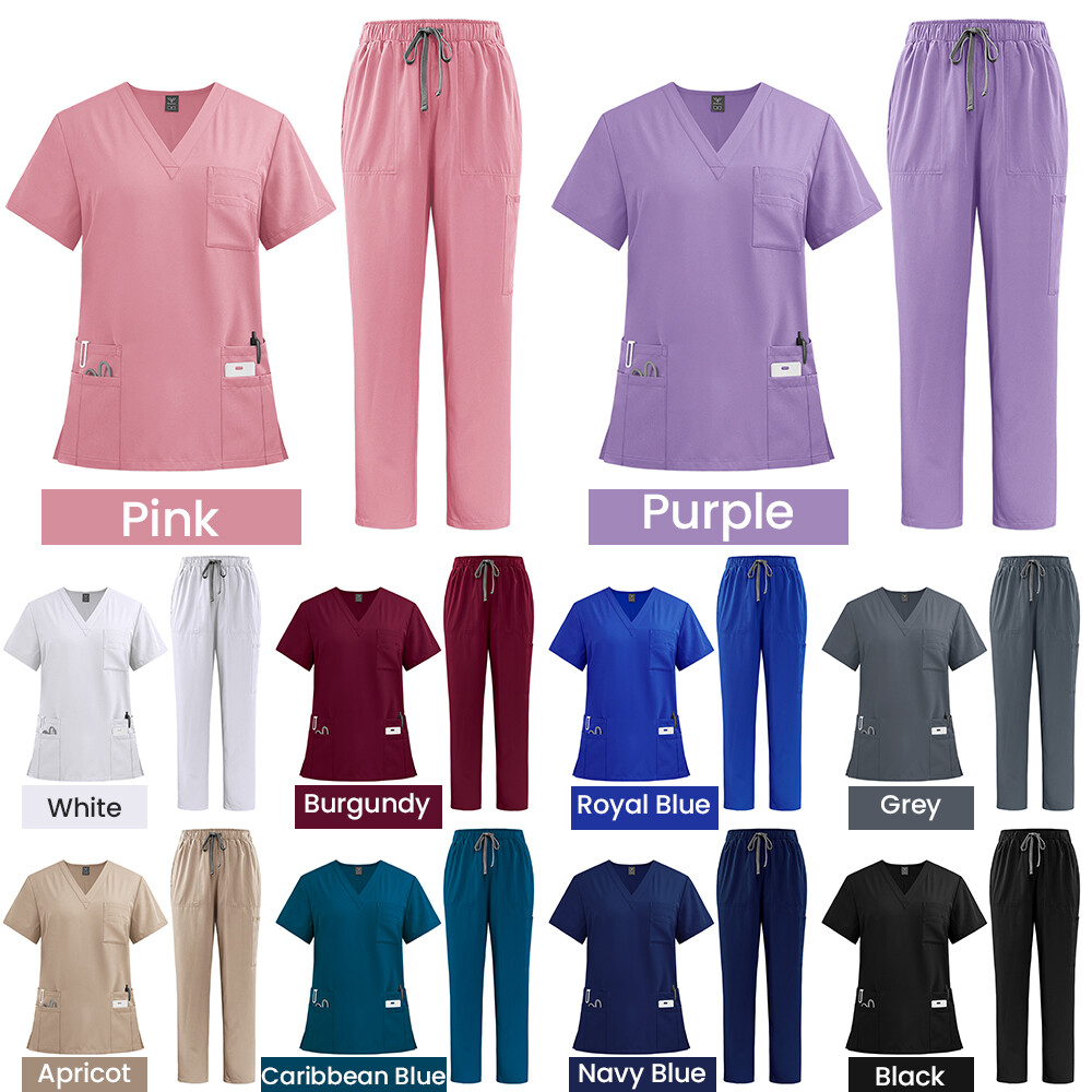 Unisex STRETCH Scrub Set Solid V-Neck Top Not-joger Pant Men Women Nurse Uniform