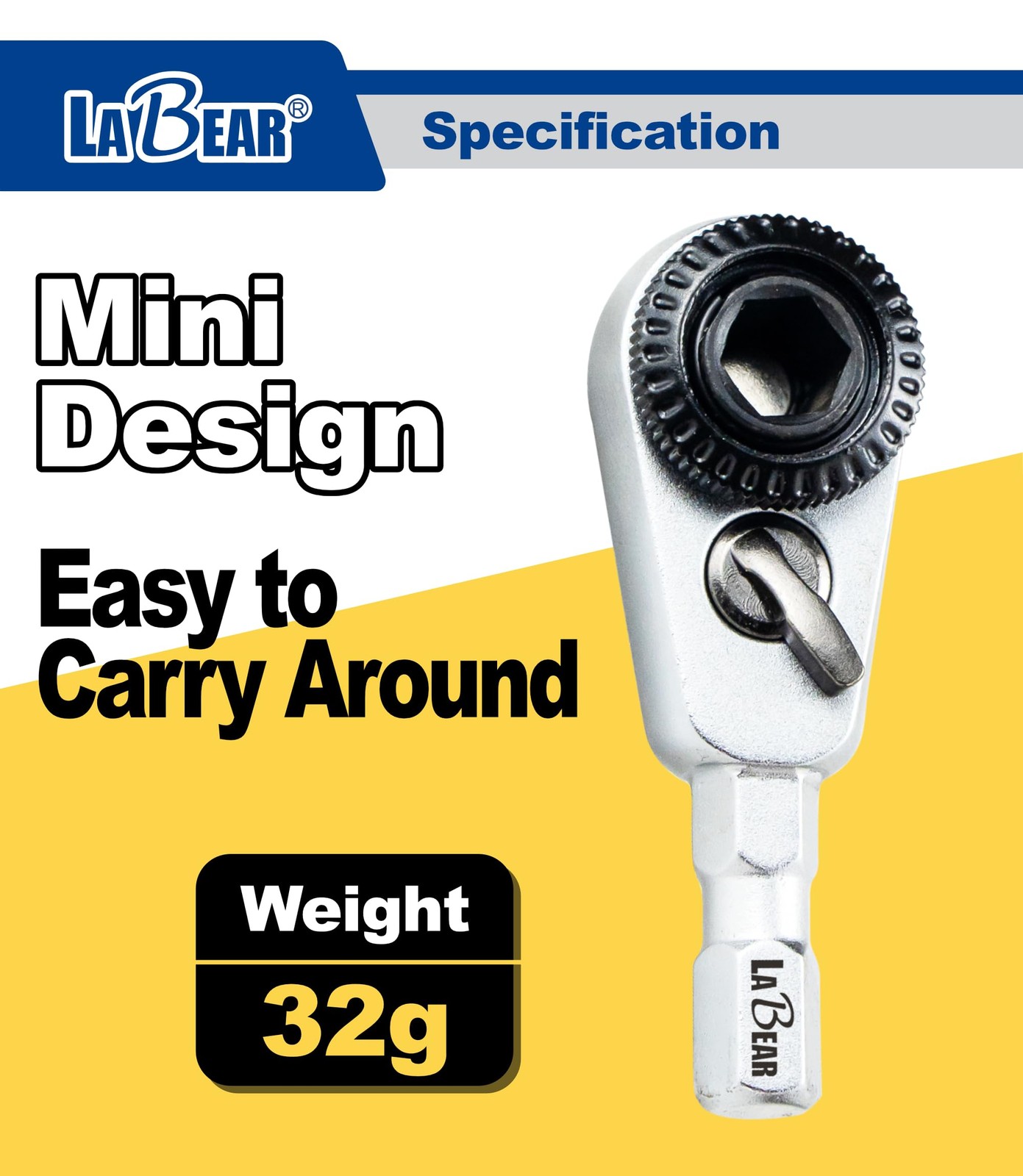 LABEAR 2-in-1 Mini Ratchet Wrench Adapter, Magnetic 1/4" Hex Bit Silver