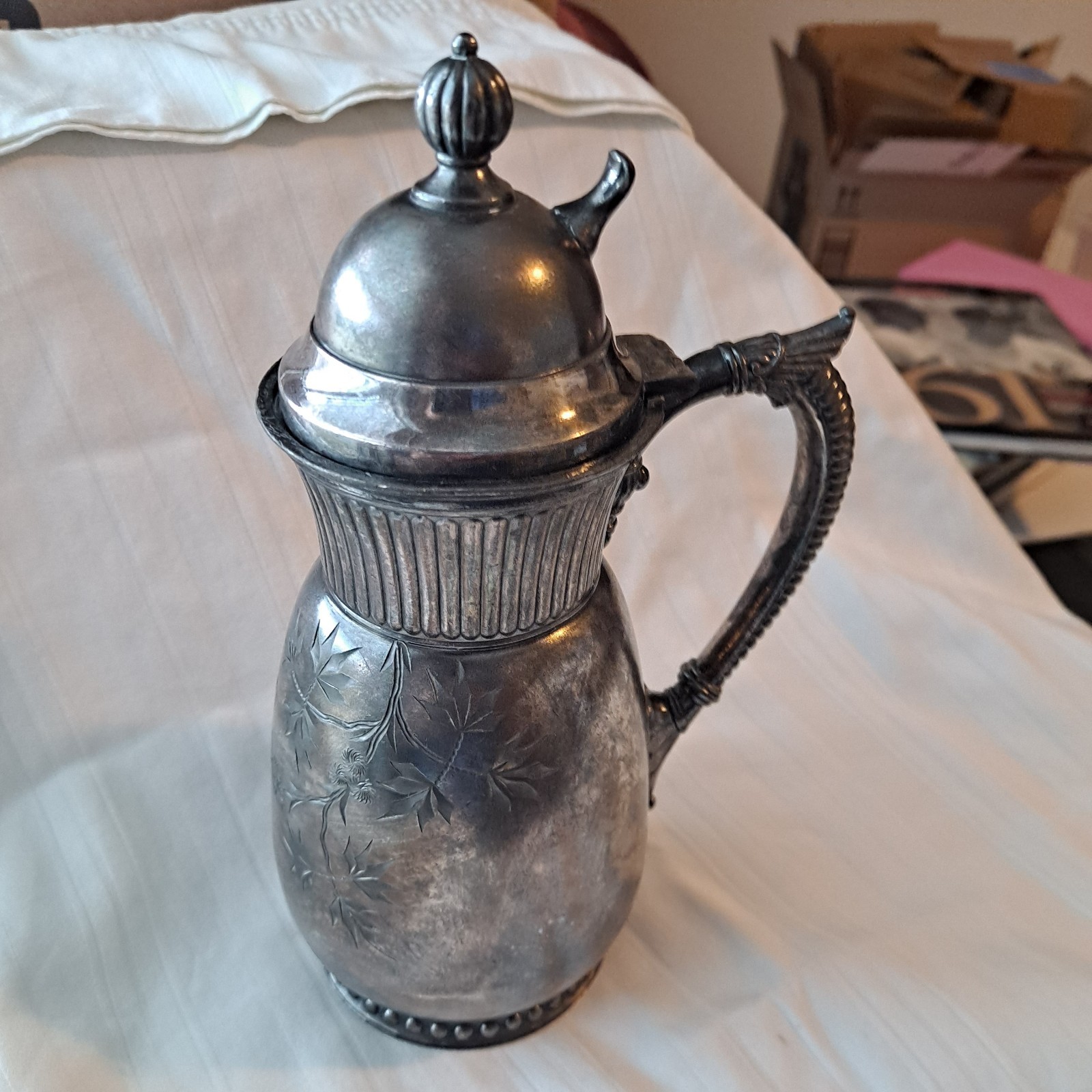 ANTIQUE 1898 VINTAGE QUADRUPLE SILVER PLATED SYRUP PITCHER BY JAMES W. TUFTS