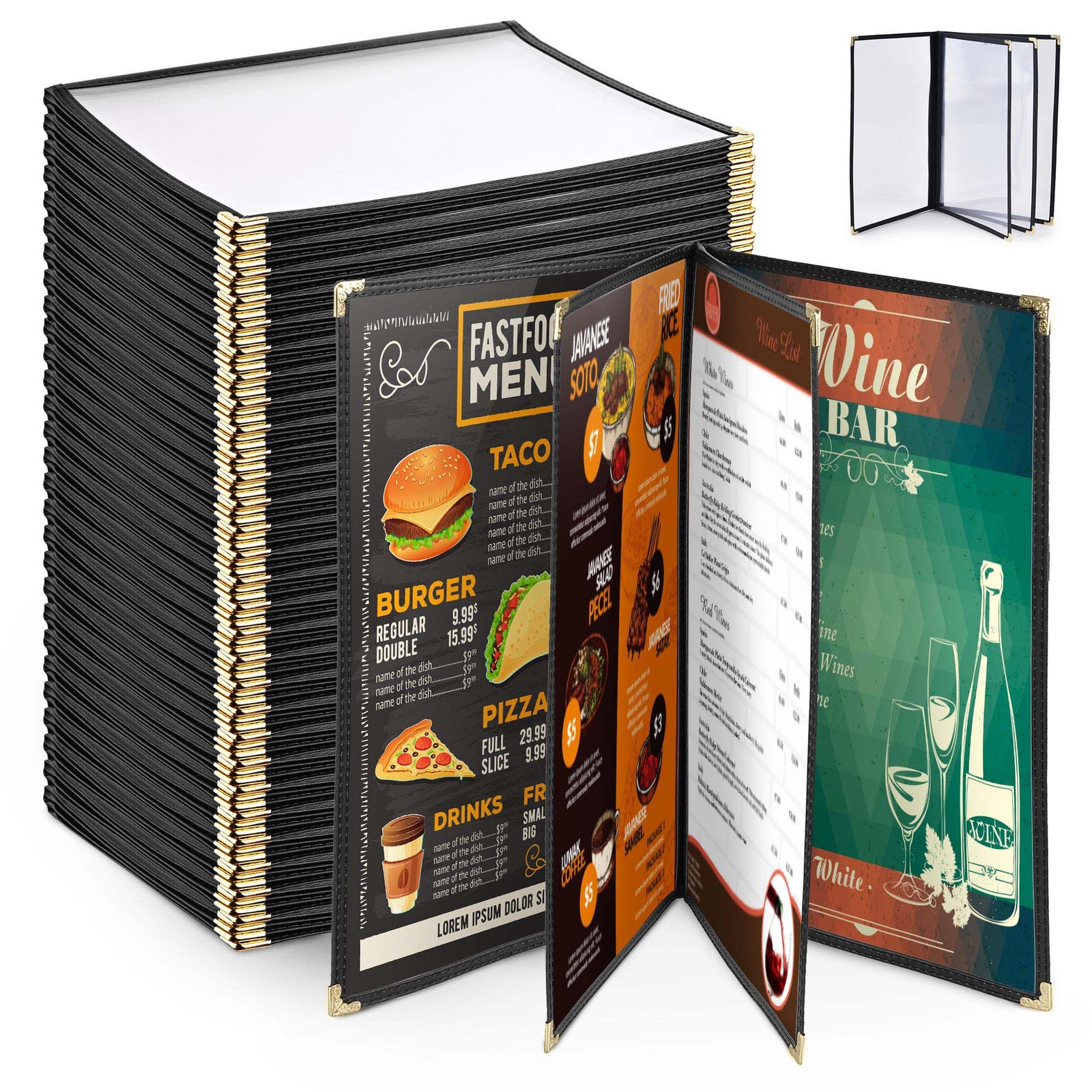 WeChef 30 Pack 8.5"x14" 4 Page 8 View Menu Covers Black Trim Restaurant Cafe