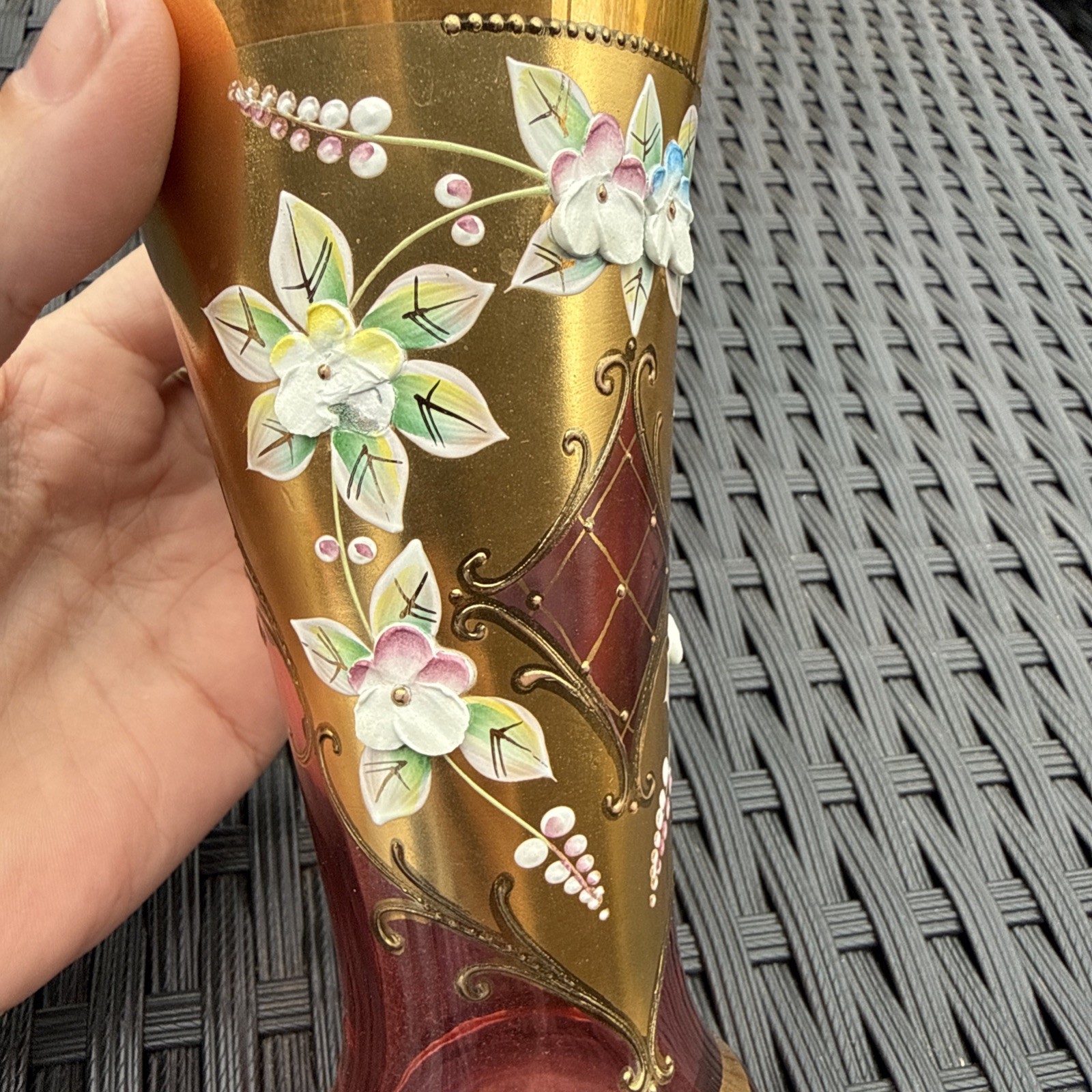 BOHEMIA CZECH REPUBLIC GOLD HIGH ENAMEL CRANBERRY HANDMADE CRYSTALEX VASE