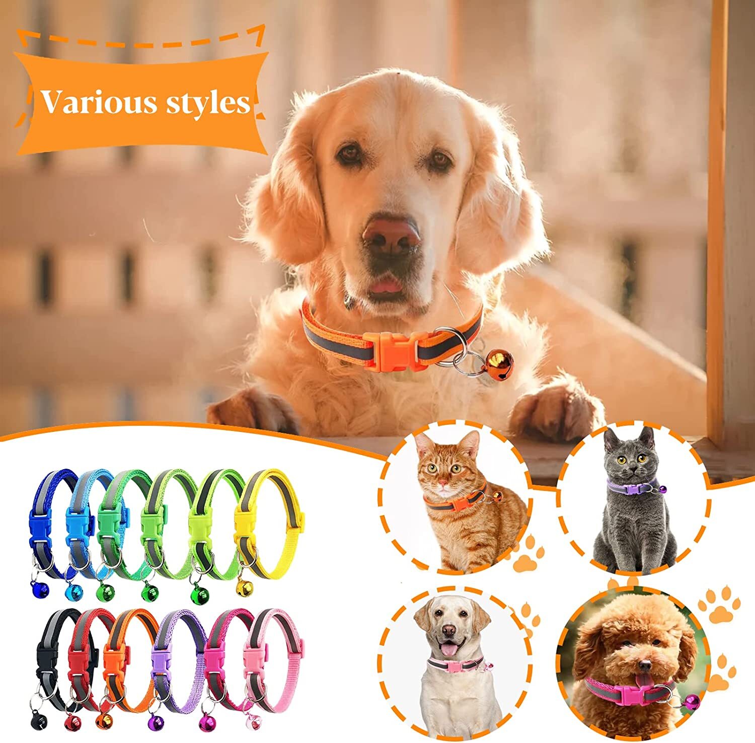 5PCS Reflective Nylon Collar With Bell Cat kitten Small Dog Puppy Pet Adjustable