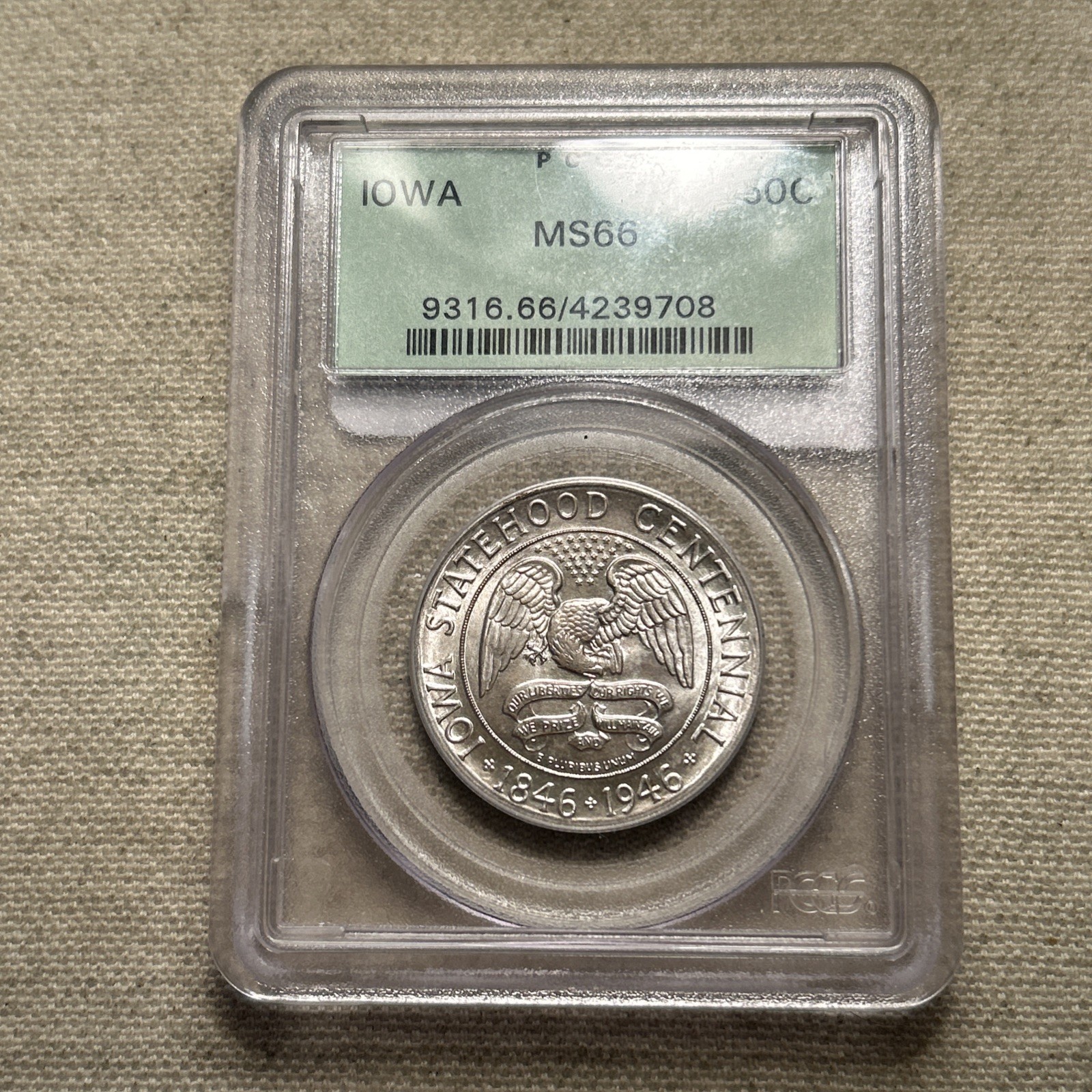 1946 50c PCGS MS 66 Iowa Commemorative Half Dollar - OGH