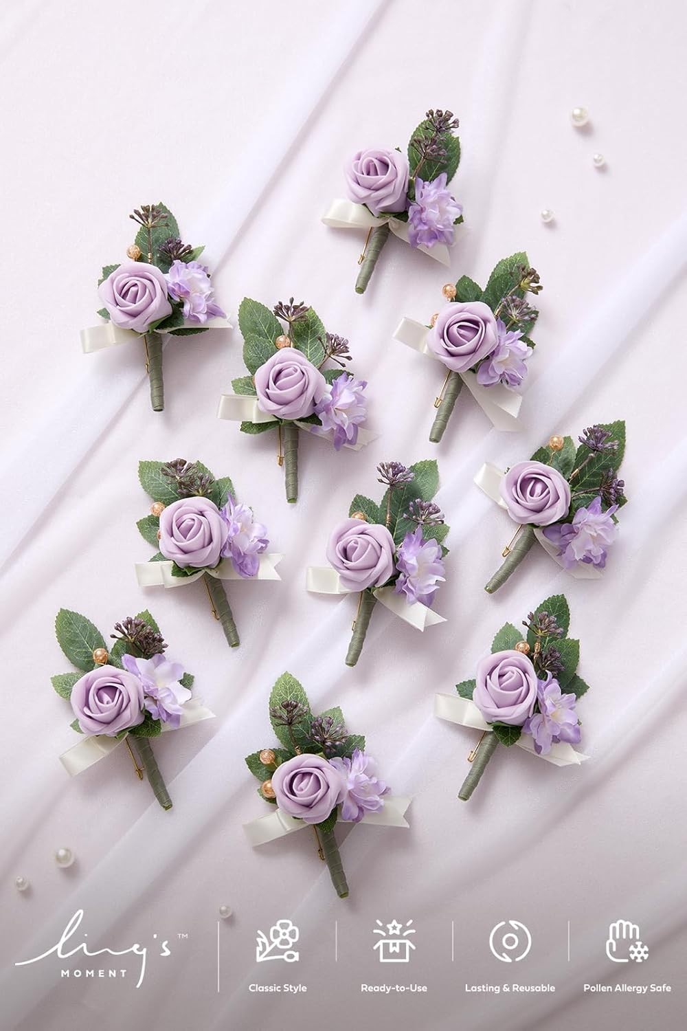 Ling's Moment Boutonniere for Men, 10pcs Groomsmen Guest Boutonniere, Lilac