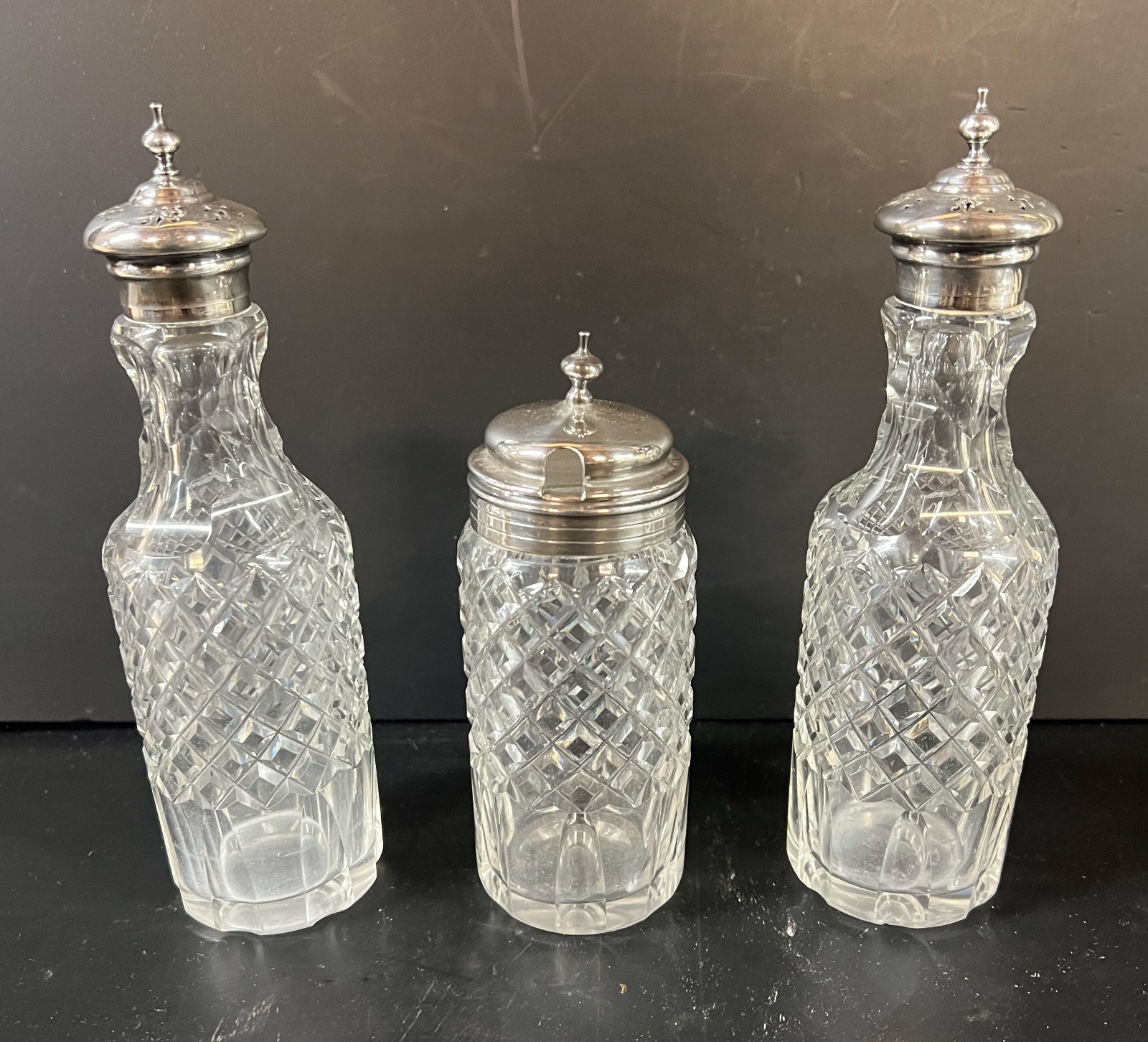 Victorian Silver Plated Martin Hall & Co Cut Glass Cruet Condiment Set c1880