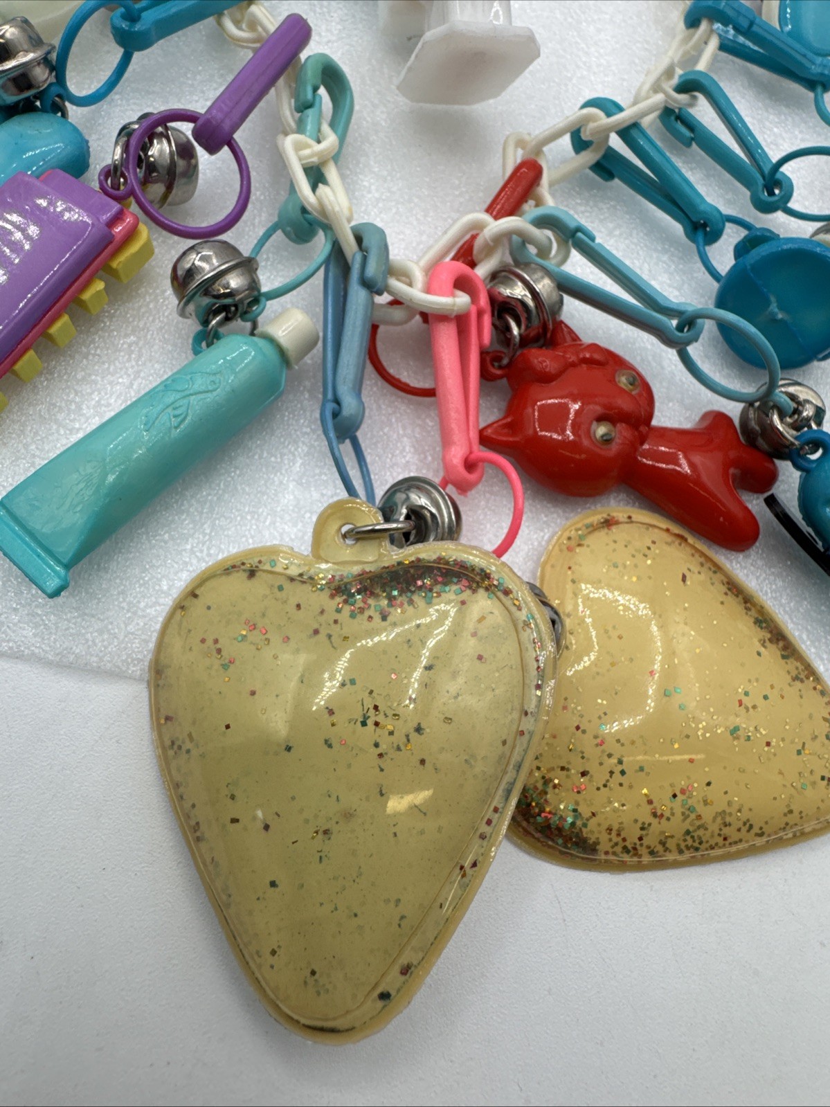 Vintage 1980's Plastic Bell Charm Clip Necklace w 2 Chains and 34 Charms.