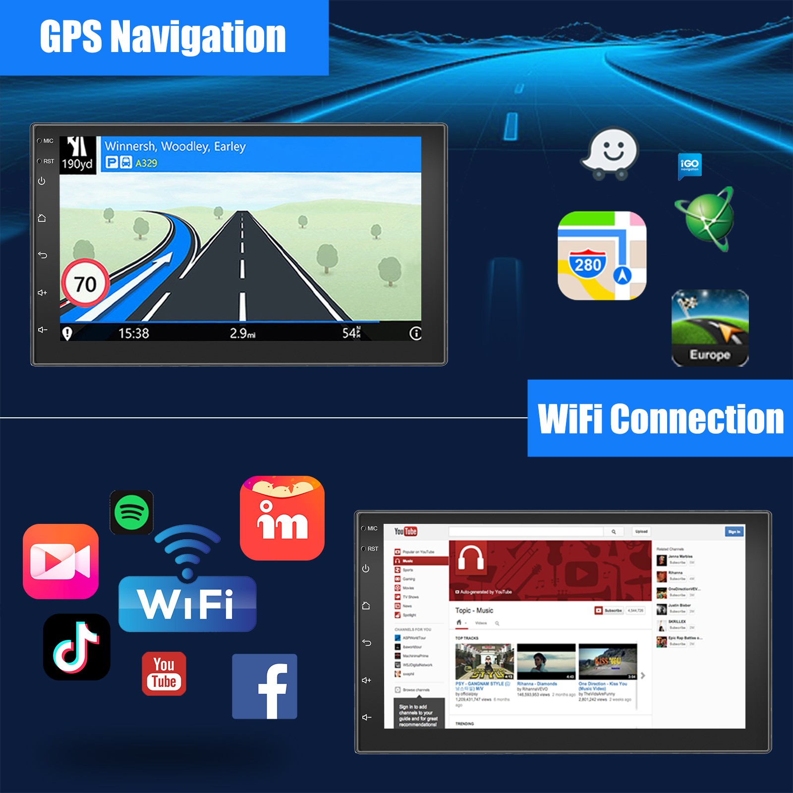 4+64GB Double 2 Din HeadUnit Car Stereo Carplay Android15 Radio Sat Nav WIFI 7in