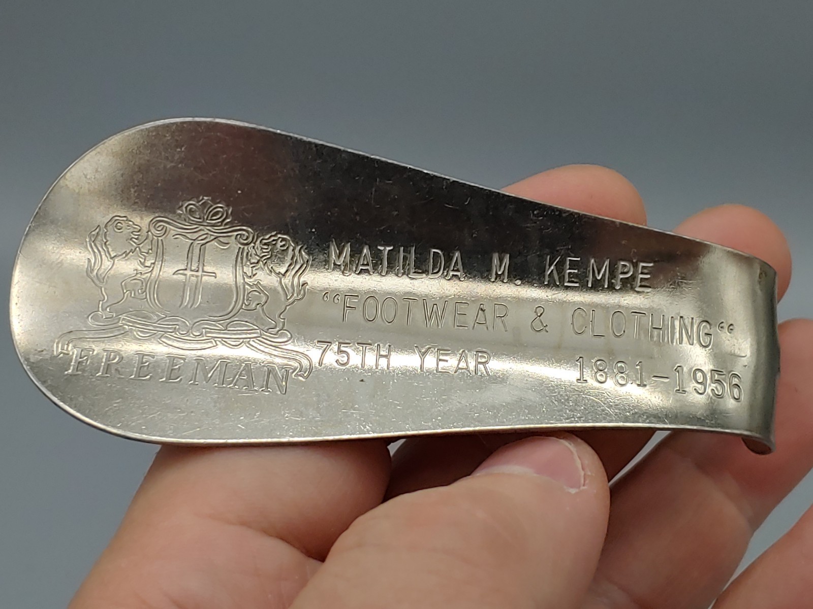 Antique Freeman Shoes Advertisement Shoe Horn 1881-1956 75th Year Employee Award