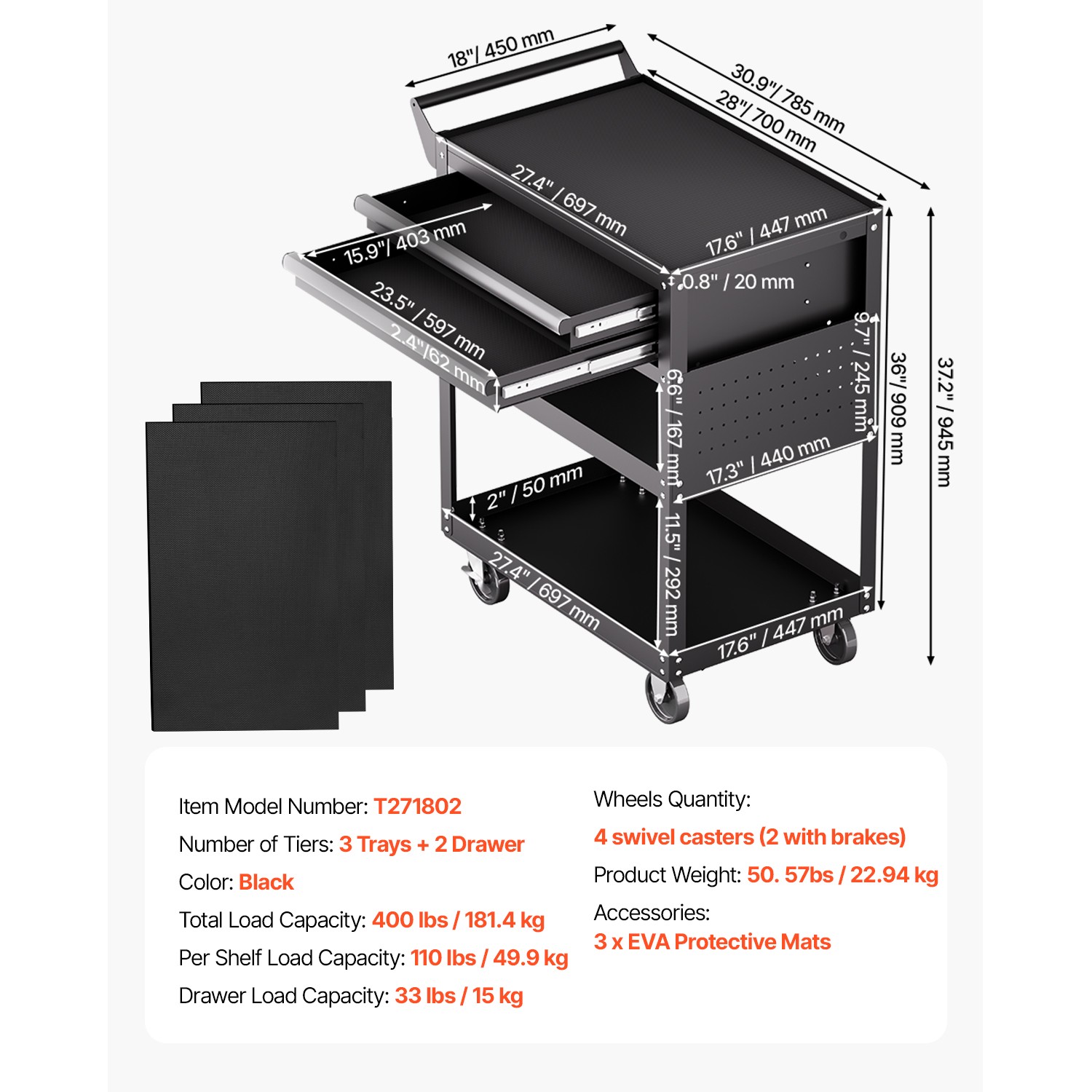 5-Tier Tool Cart on Wheels 400 lb Rolling Work Cart with Drawer & Pegboard