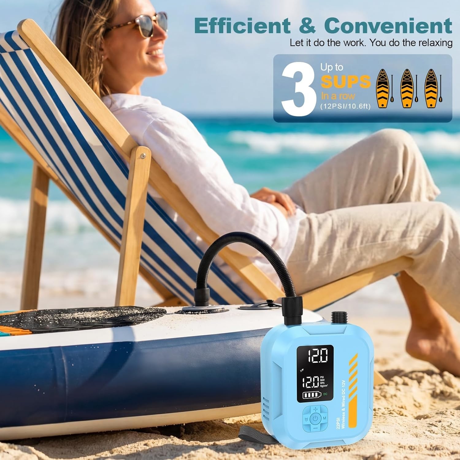 22PSI Rechargeable Electric SUP Air Pump | Inflator for Paddle Board, boat, tent