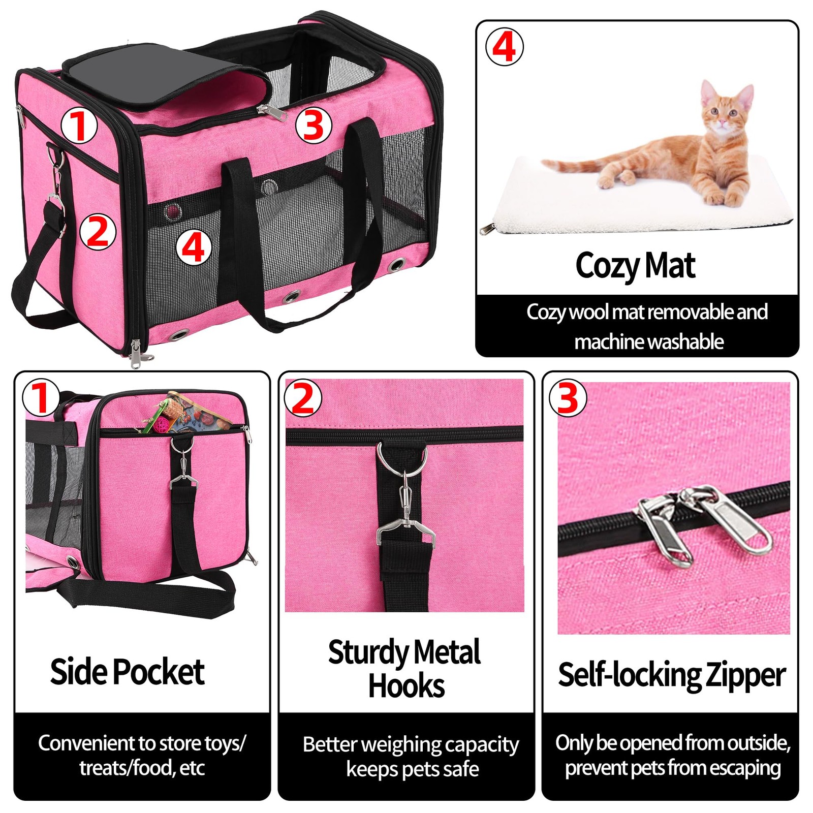 Soft Sided Cat/Dog Carrier, Collapsible, Airline Approved, Pink, for Pets up to