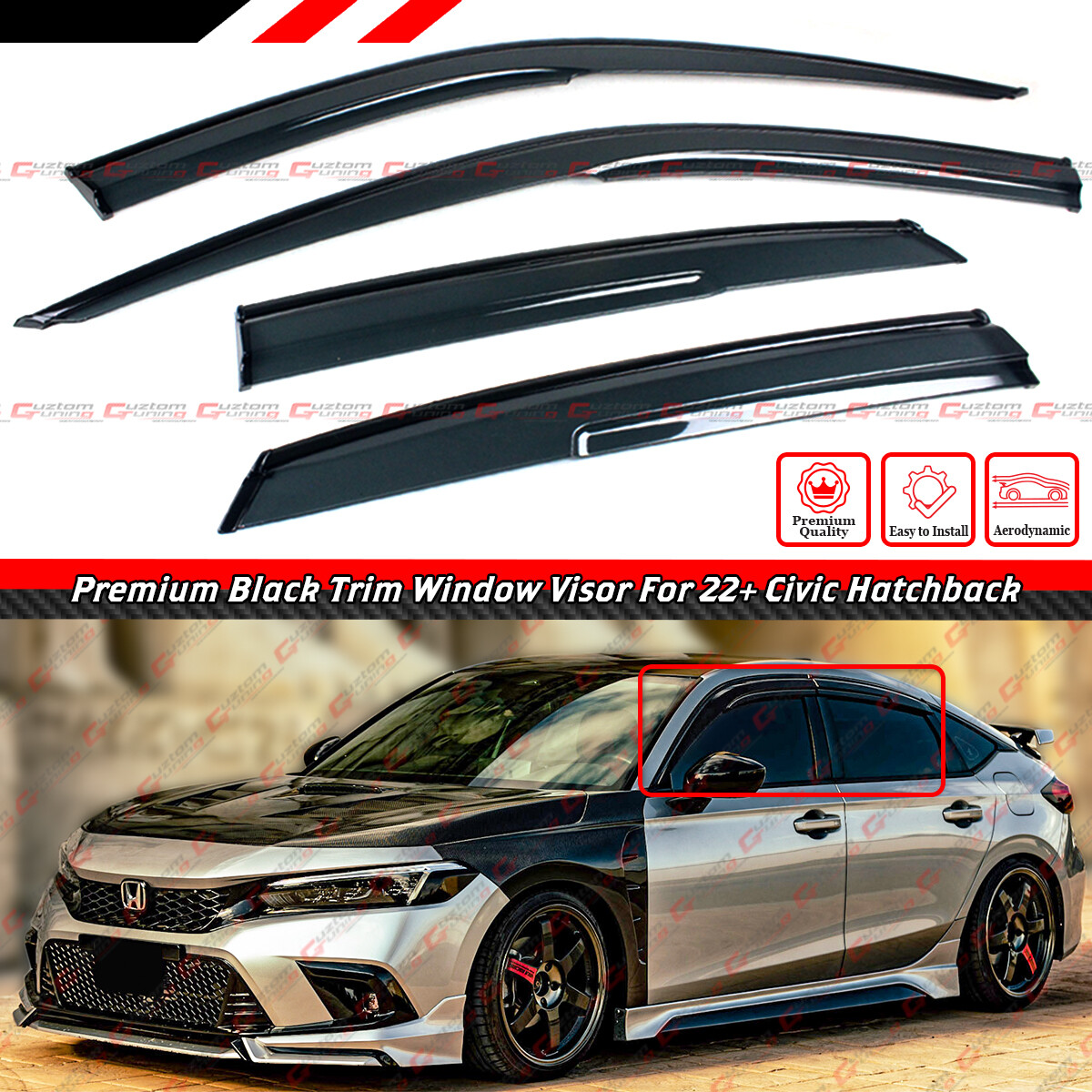 FOR 22-26 HONDA CIVIC HATCHBACK JDM BLACK TRIM WINDOW VISOR RAIN GUARD W/ CLIPS