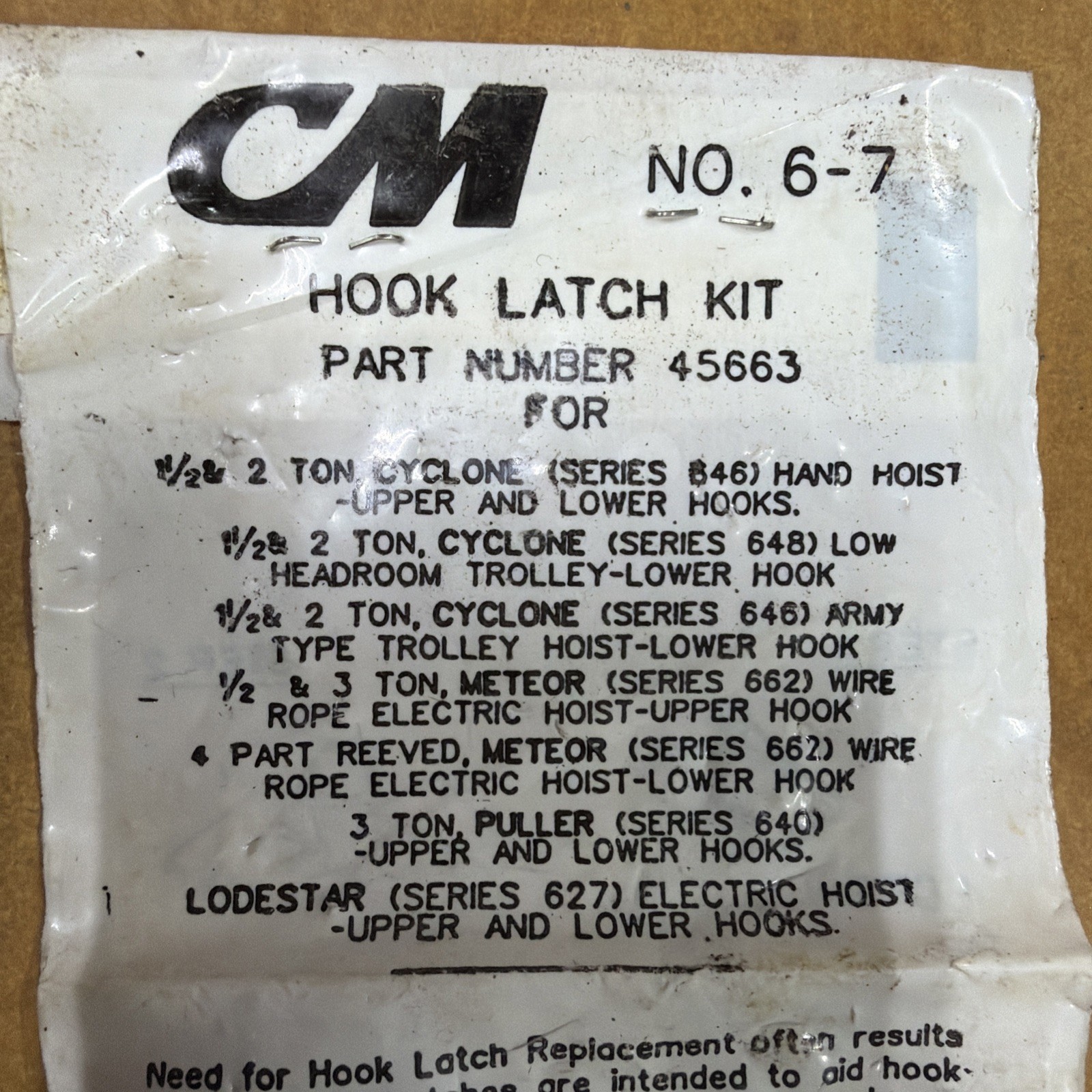 CM No. 6-7 - Part Number 45663 - Hook Latch Kit - New In Sealed Bag