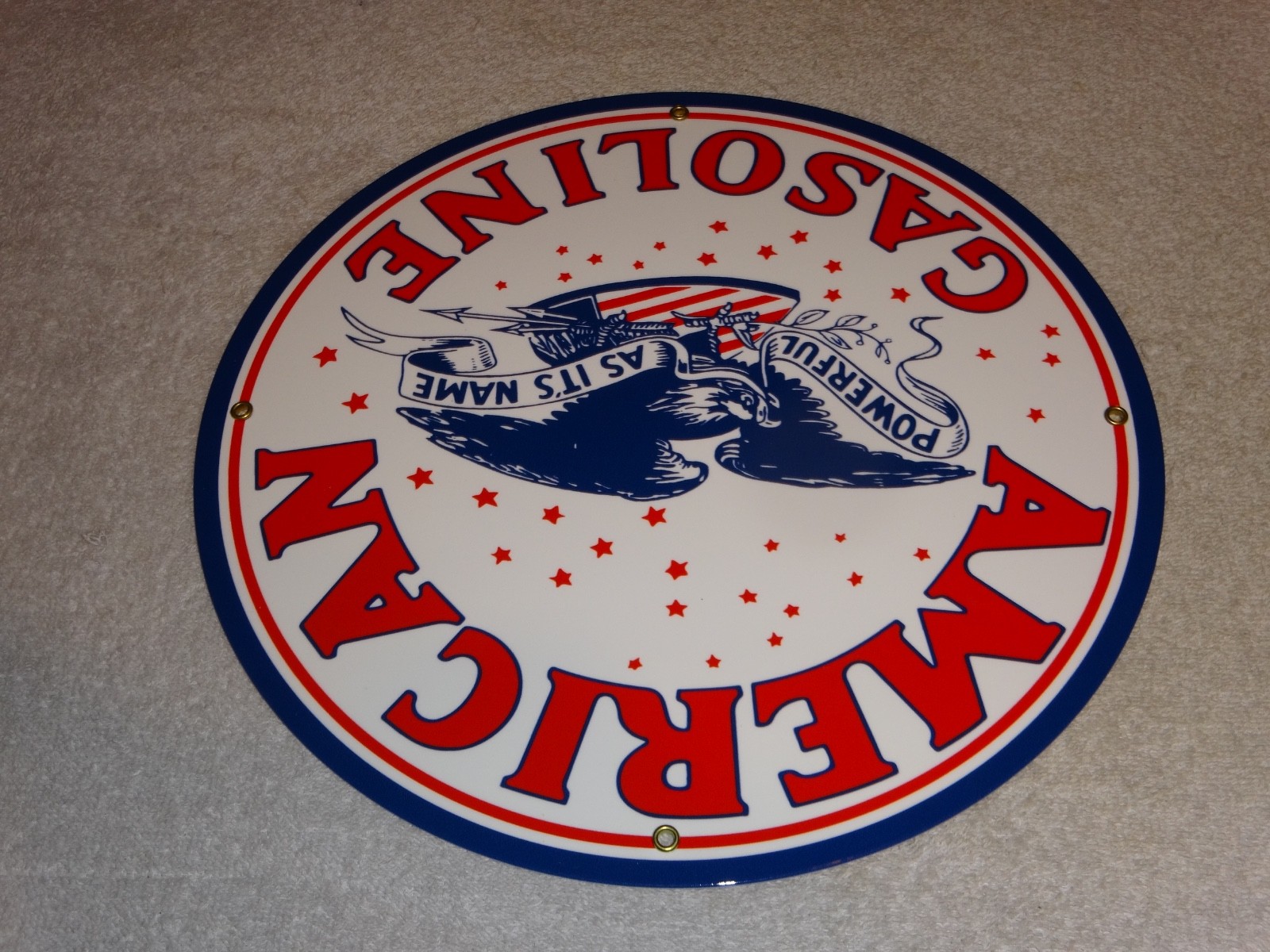 VINTAGE AMERICAN GASOLINE POWERFUL EAGLE 11 3/4" PORCELAIN METAL GAS & OIL SIGN