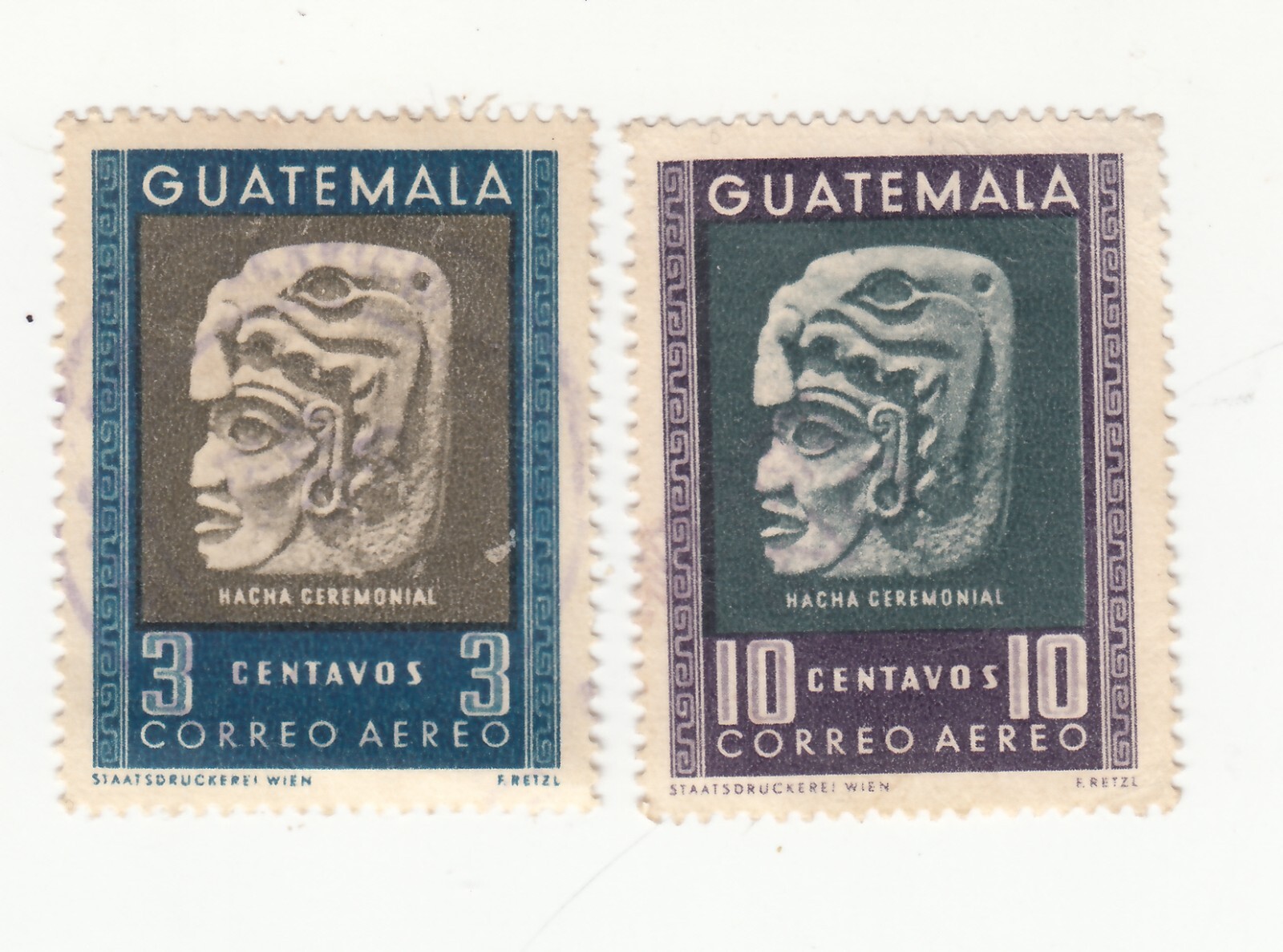 Guatemala 1953. Mayan Culture. Ceremonial Stone Ax. Sc# C182 and C184. Used NG