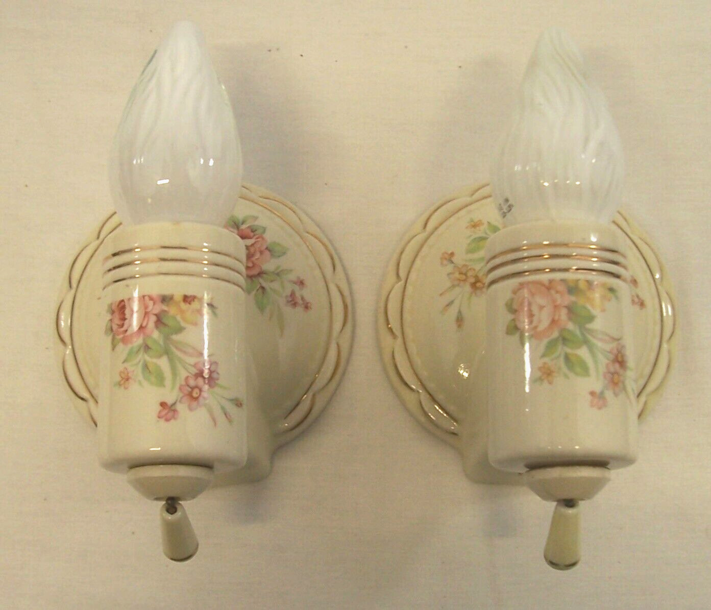 Antique Porcelain Sconce Pair Vtg Wall Light Fixture Floral Art Rewired USA #F1