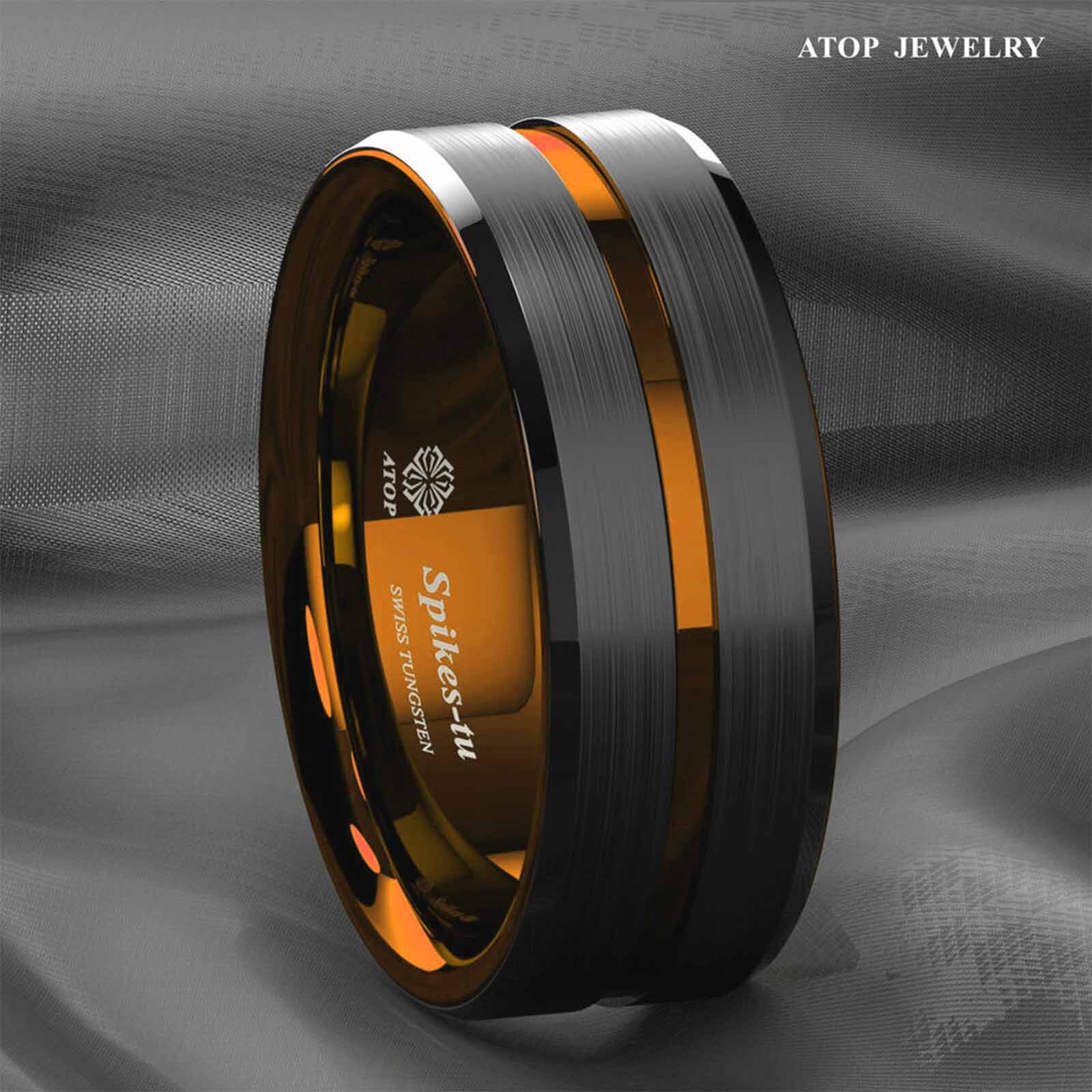 ATOP 8mm Black Tungsten Carbide Thin Orange Line Wedding Band Ring Men’s Jewelry