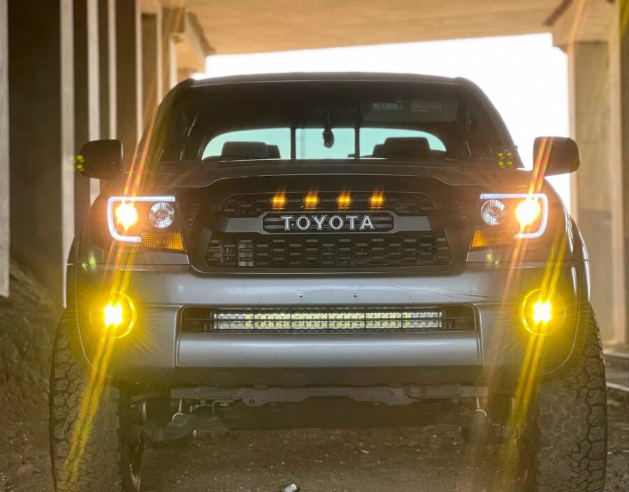 Front Bumper Upper Mesh Grille For 2005-2011 Toyota Tacoma Matte Black W/ LEDs