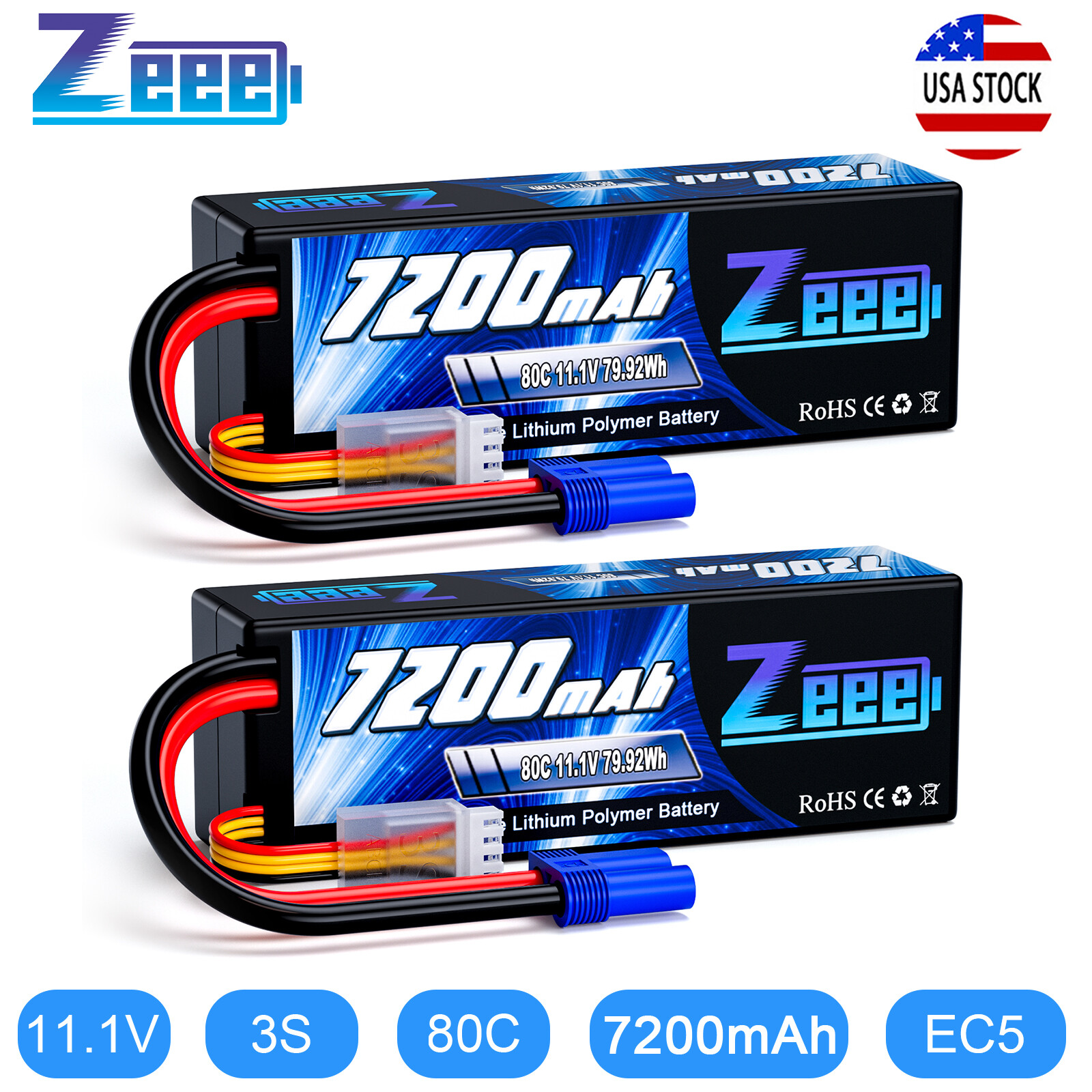 2x Zeee 3S LiPo Battery 7200mAh 11.1V 80C EC5 for LOSI RC Car Truck Boat Buggy