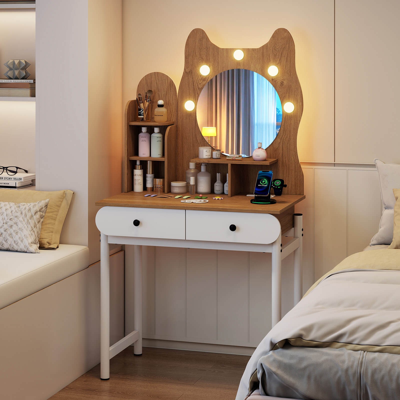 Small Vanity Desk with Mirror and Lights Cute Kitty Makeup Table w/Power Outlets