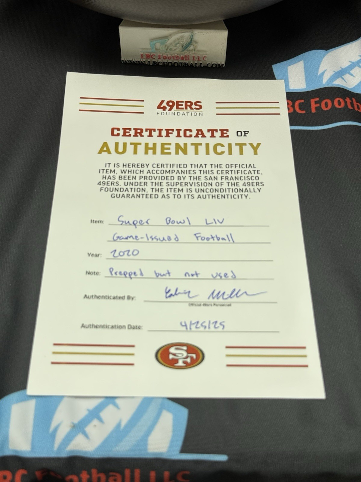 San Francisco 49ers Game Issued Super Bowl LIV Game Ball# 095 w/ 49ers COA