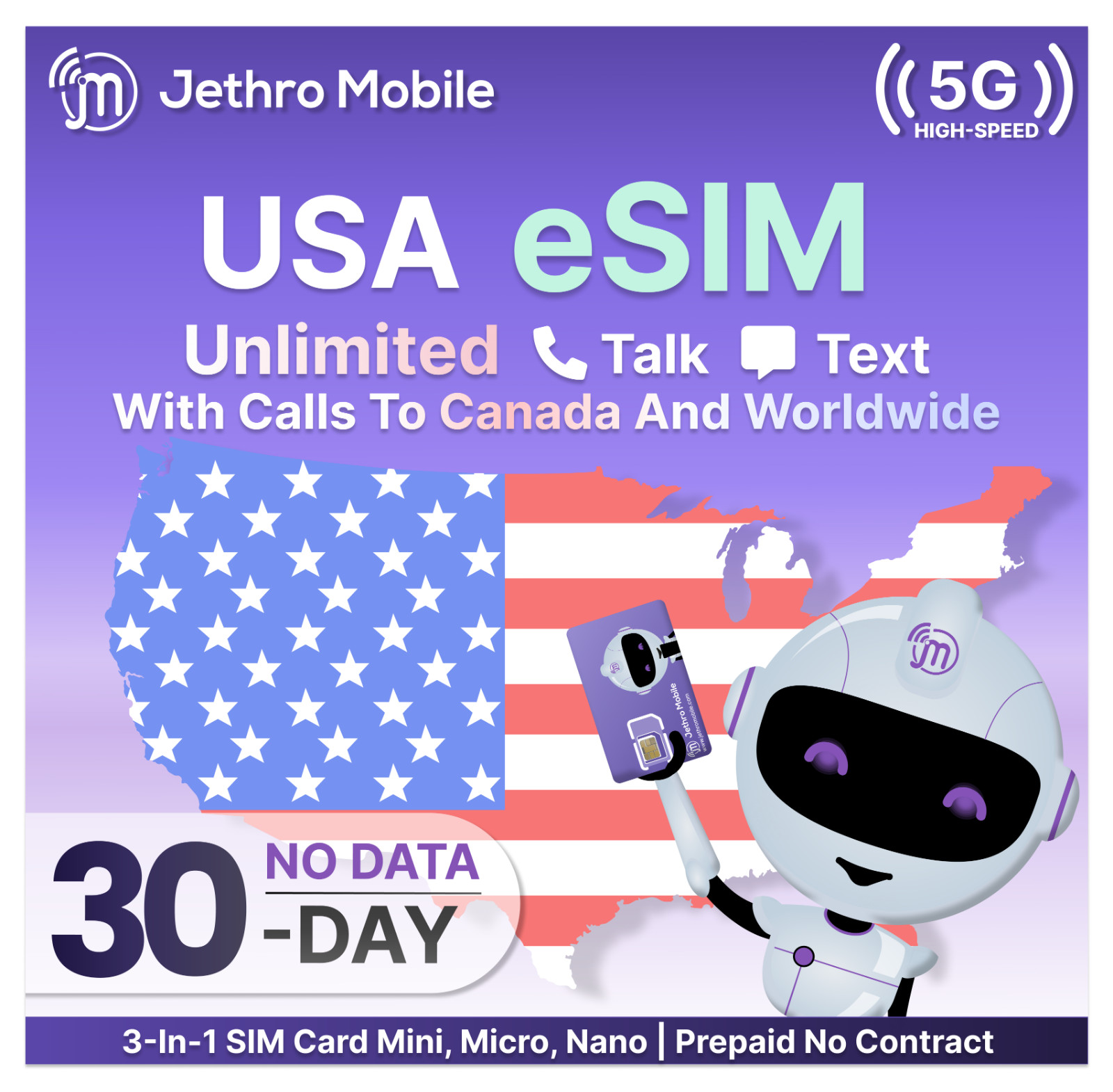 Prepaid eSIM Card – Jethro Mobile 1-Month Plan Unlimited Talk & Text No Contract