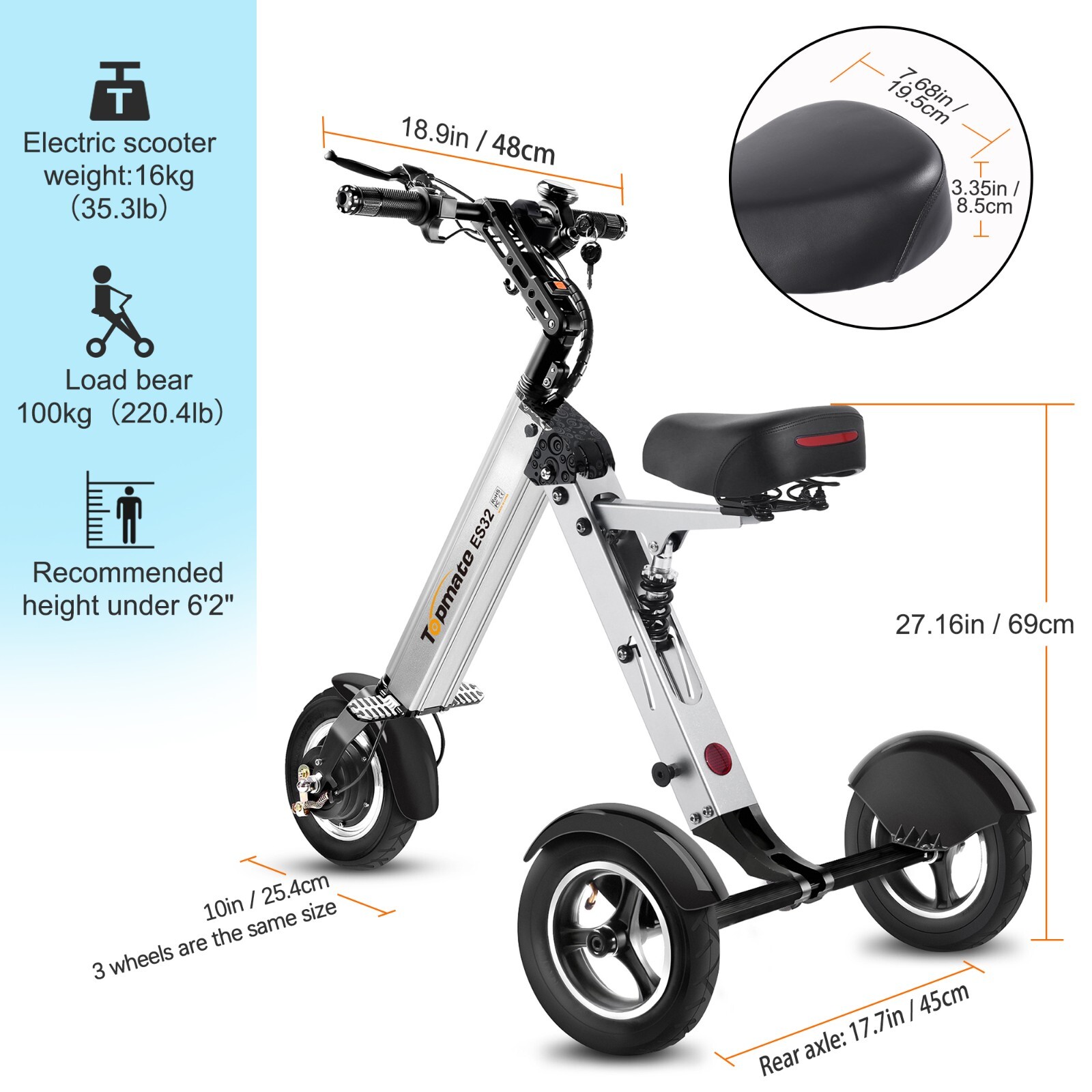 Topmate ES32 Electric Tricycle for Adult, Foldable 3 Wheel Mobility Scooter