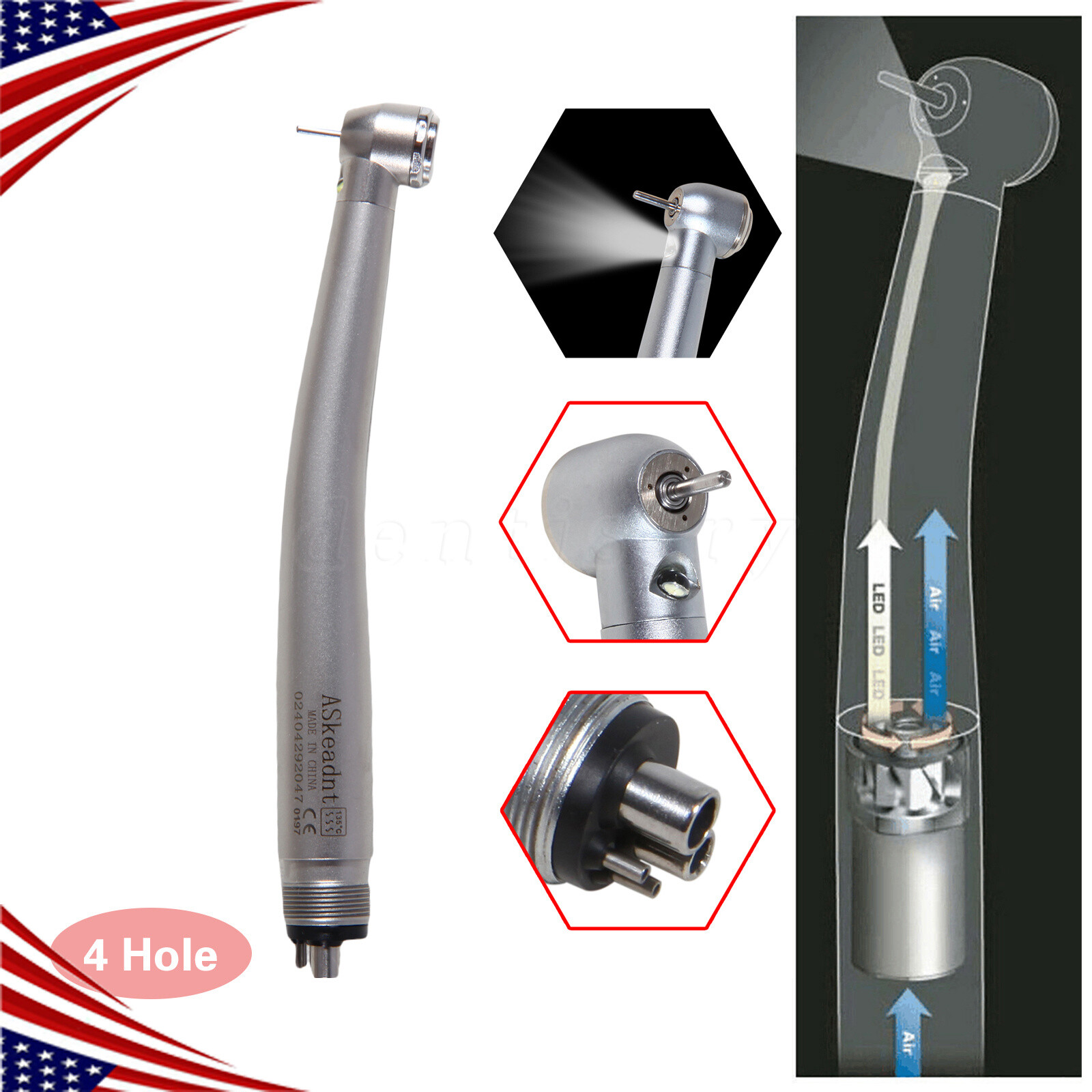 Pieza de mano alta velocidad de fibra óptica LED dental estilo NSK 4 agujeros