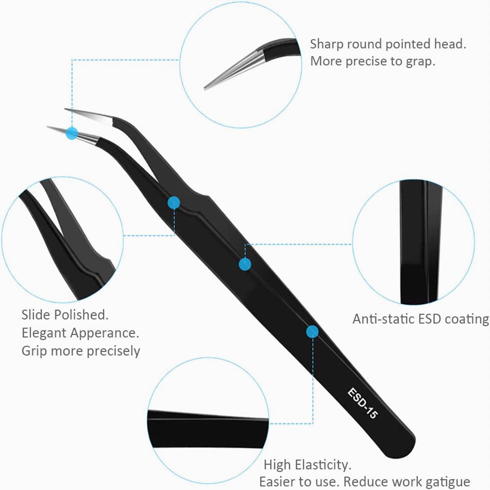 10Pcs ESD Precision Tweezers Set Stainless Steel Tool for Electronics Repair