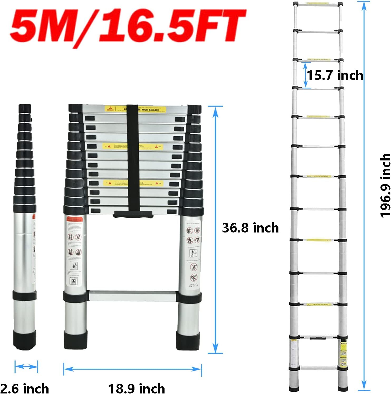 Telescoping Extension Ladder Aluminum Lightweight Collapsible Ladder EN131 150kg