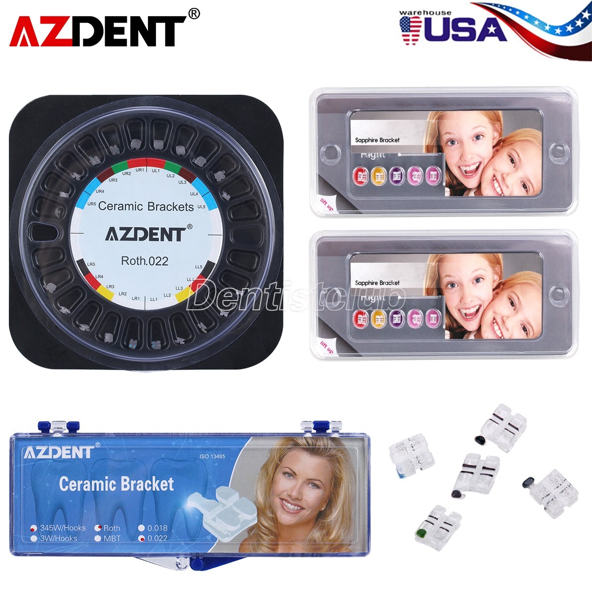 AZDENT Dental Orthodontic Clear Ceramic Brackets Braces Roth. 022 Hooks 3 4 5