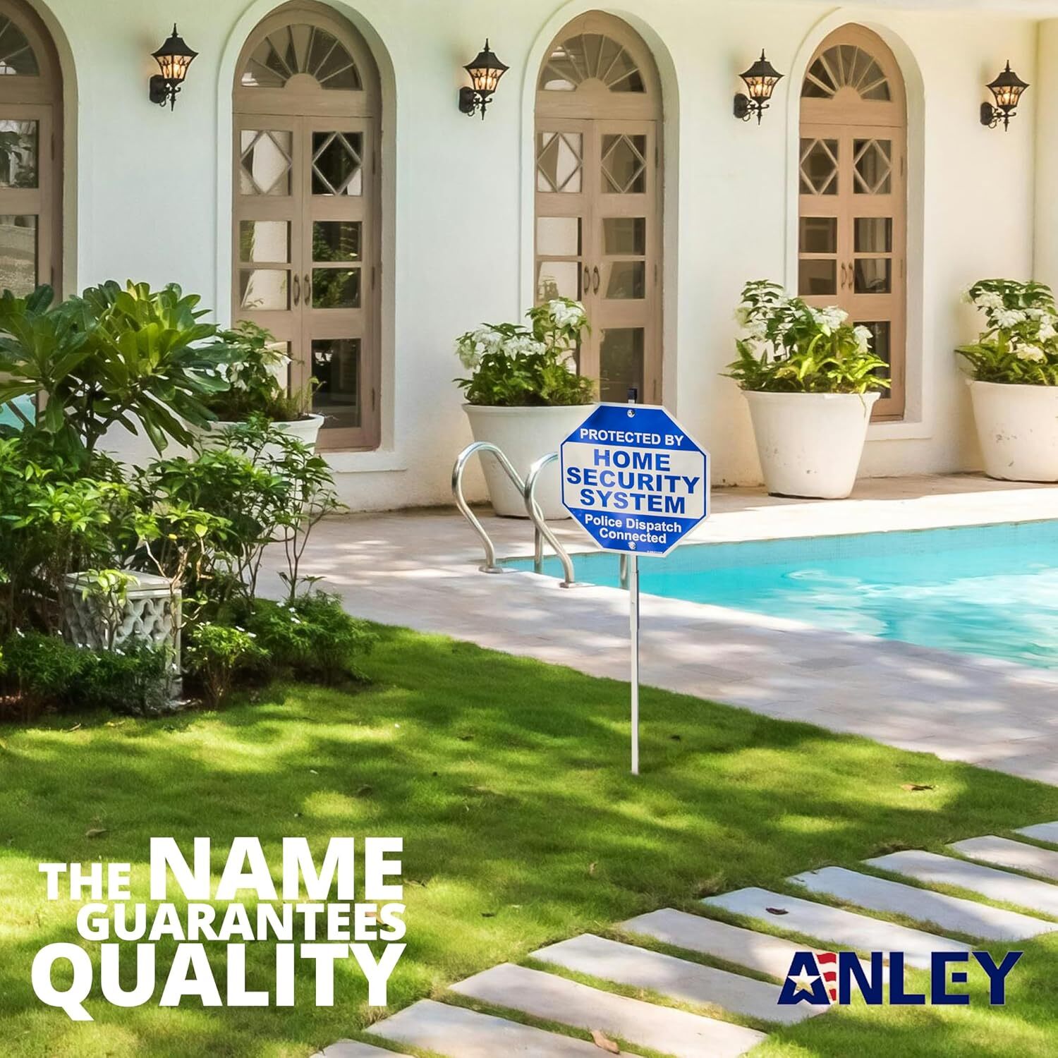 Anley Aluminum Protected By Home Security System Yard Sign 10x10 & Ground Stake