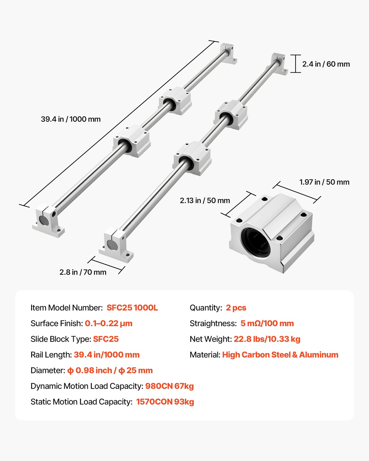 VEVOR Linear Rail Kit SFC25 2Pcs 1000 mm(39.4 in) Guide Rails 4Pcs Slide Blocks