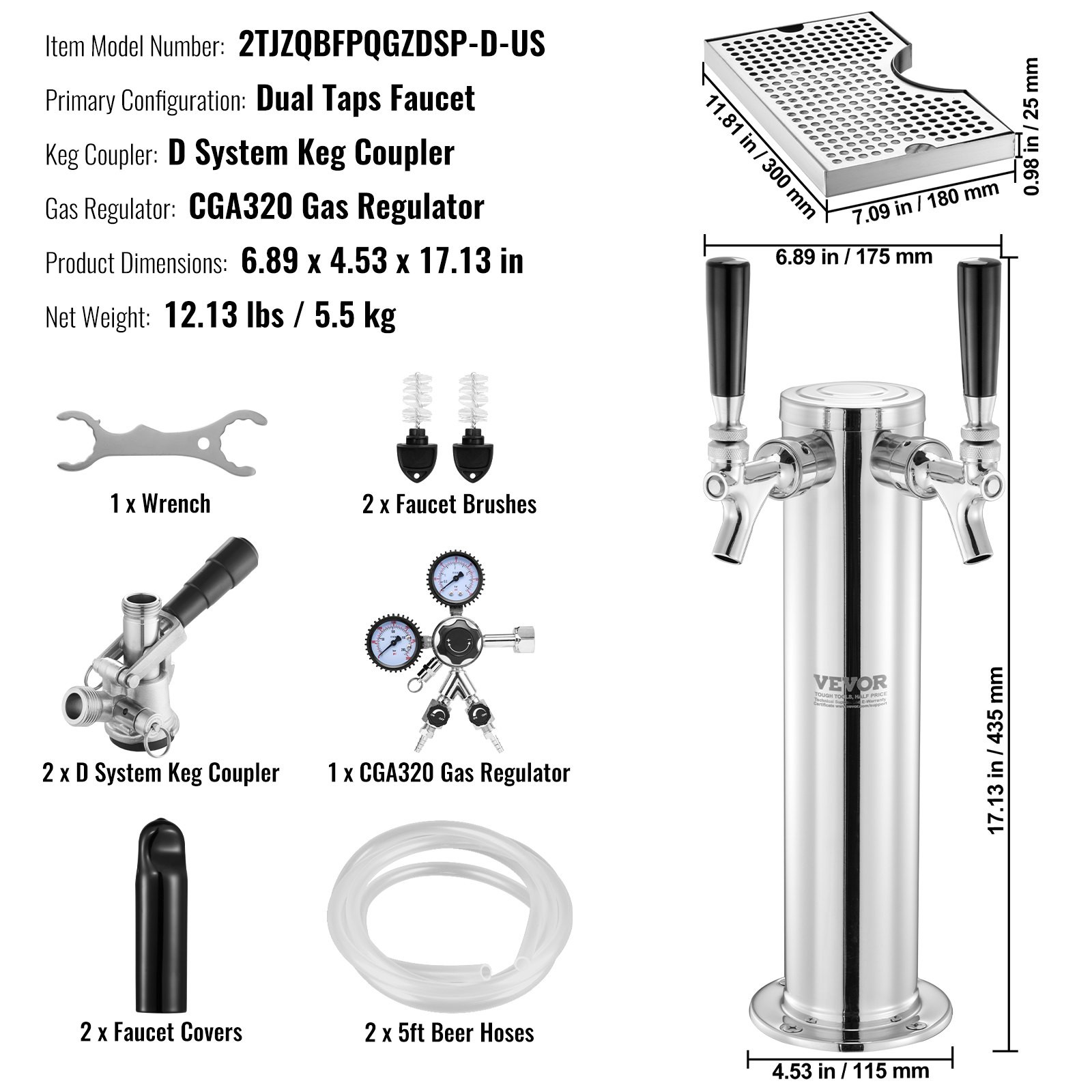 Dual Tap Kegerator Kit w/ D-Coupler Dual Gauge Regulator & Self Closing Taps