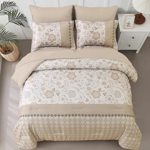 Comforter Set 7 Pieces Bed in a Bag Floral Geometric Patchwork Soft King Beige
