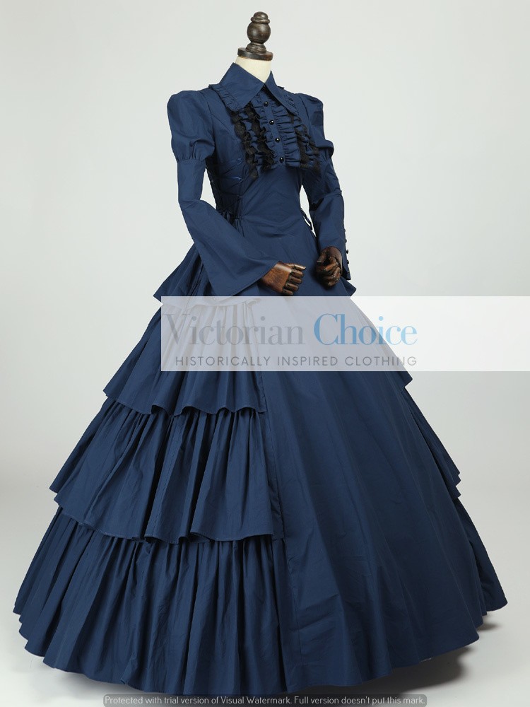 Blue Victorian Gothic Maid Mourning Dress Steampunk Witch Halloween Costume 007
