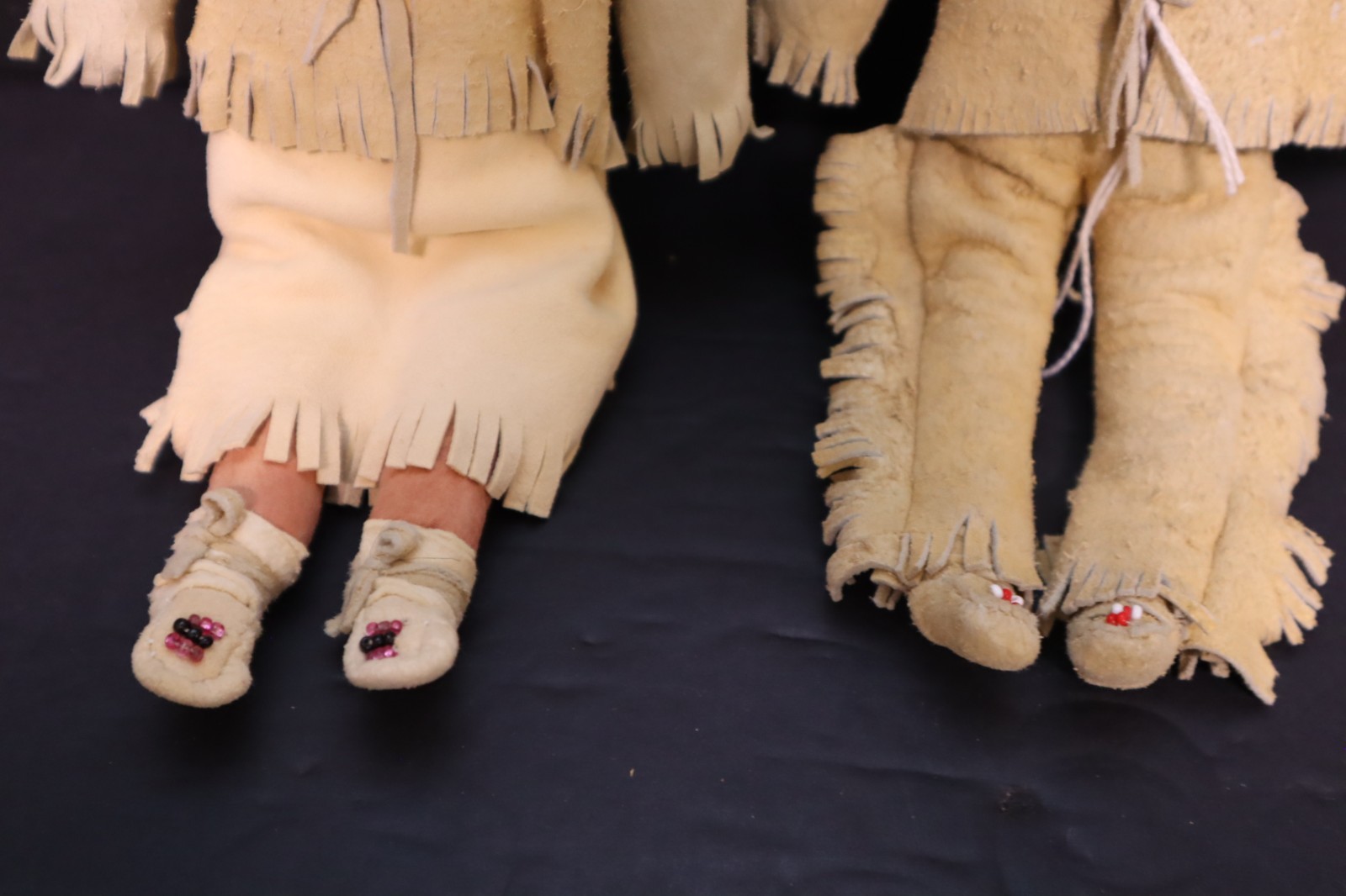 Antique Pair of NATIVE AMERICAN SIOUX Indian Wood Carved Leather Hide Dolls