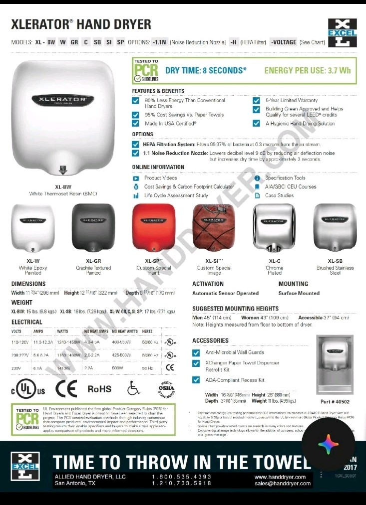 XLERATOR XL-WV (208V-277V) Excel Dryer High-Speed Commercial XL-WV