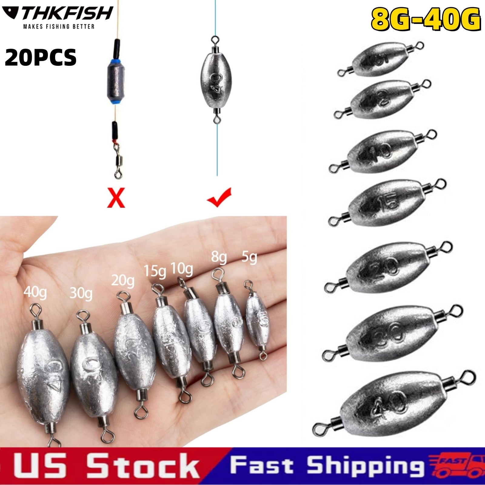 20pc Fishing Weights Inline Weights Trolling Sinkers Swivel Weights Fish Sinker