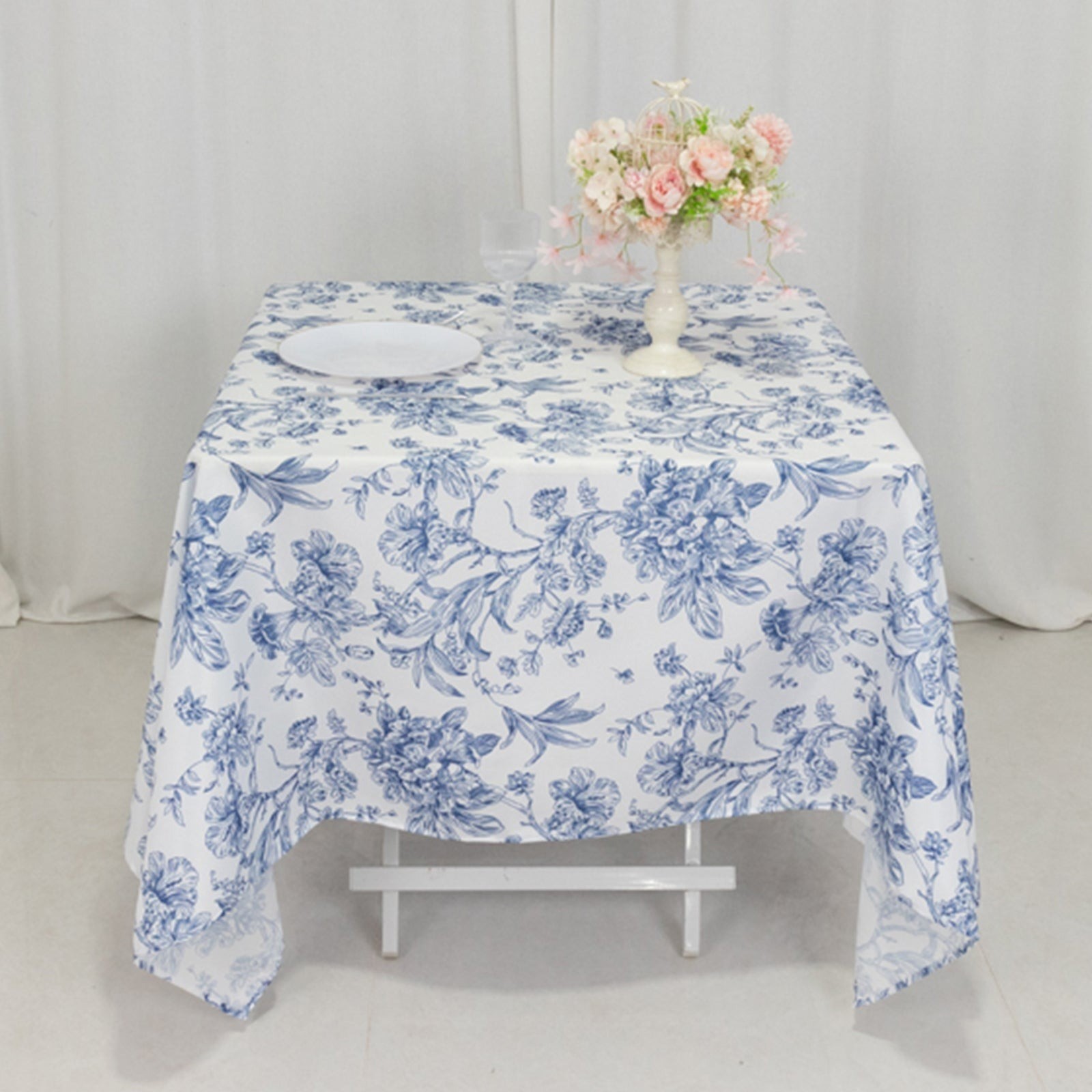 70" x 70" Blue French Toile Pattern Polyester Square Tablecloth  Disposable
