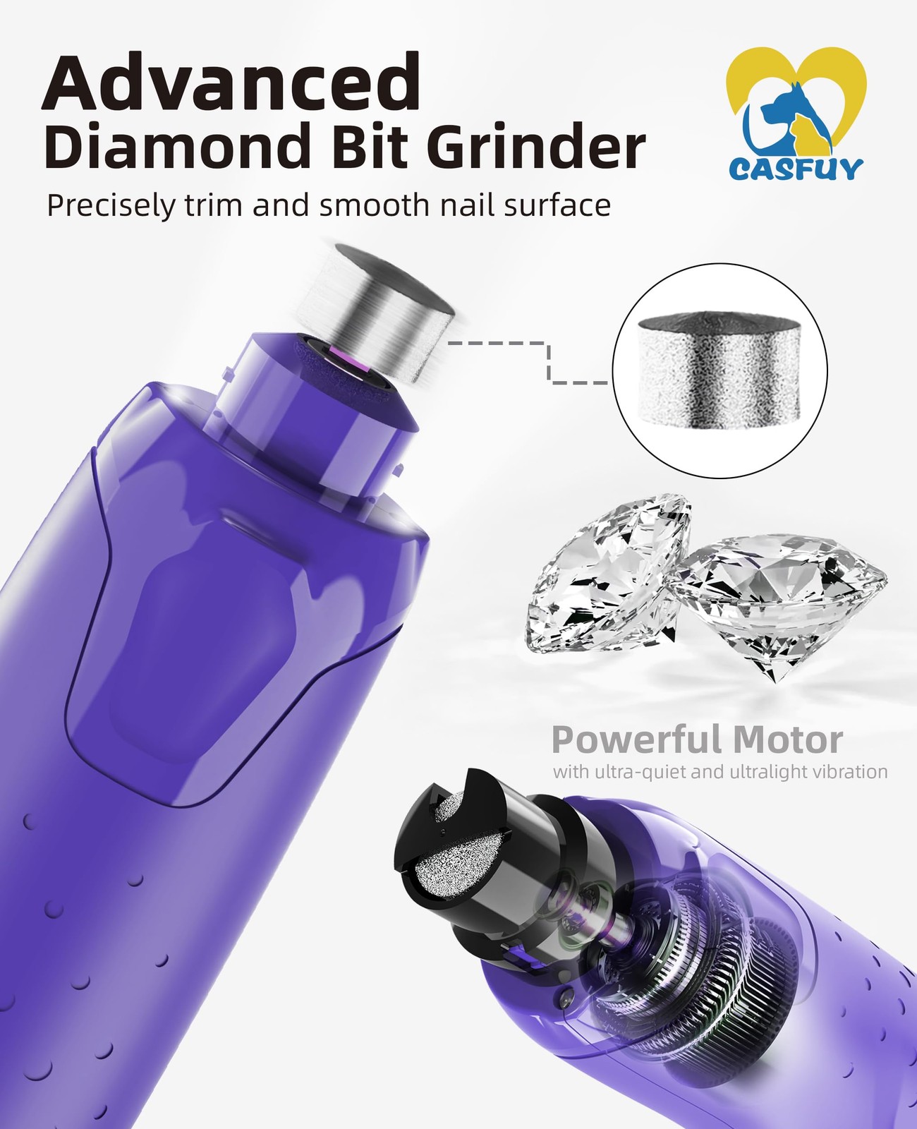 Casfuy Dog Nail Grinder Quiet - (45db) 6-Speed Pet Nail Grinder with 2 LED