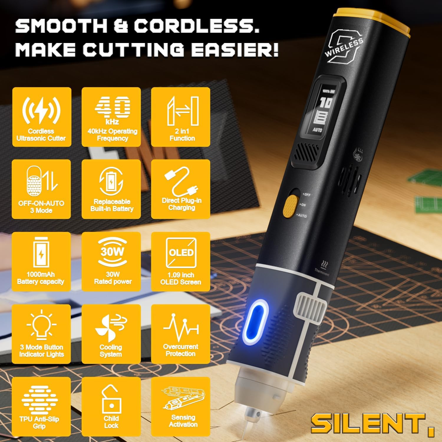 Wireless Ultrasonic Cutter, 40kHz Vibration & 2 Cutting Modes, Includes 50 Repla
