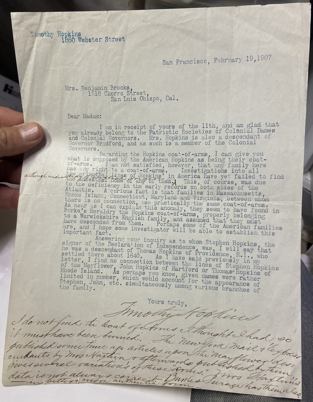 TWO 1907 TIMOTHY HOPKINS Letters Re: Hopkins Family Genealogy San Francisco, Cal